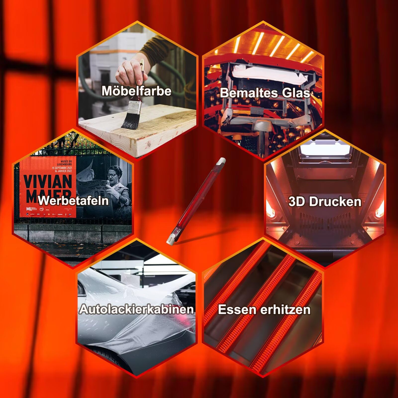 Infrarotlampe 1500W, 254mm R7S Infrarot Heizlampe, 1500W Infrarot Halogenstab Dimmbar, 1500LM, 230V Halogen Lampe Halogenstäbe kein Flimmern, Rot Quarz Halogenstablampe Wärmelampe, 10mm Ø, 2 Stück