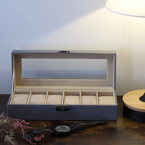 Miniatura 6 de NEX Caja de reloj organizador para hombres, de piel sintética superior de cristal para el almacenamiento de relojes