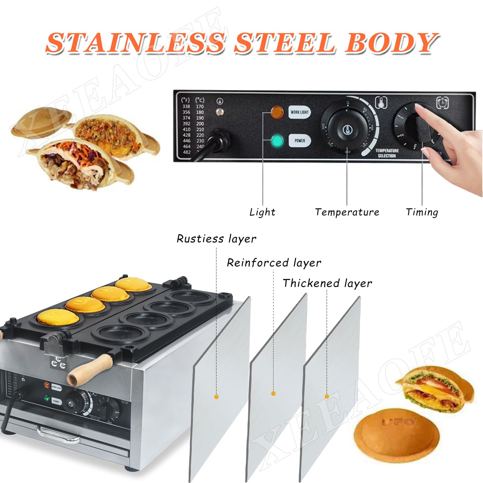 Máquina para Hamburguesas con Calefacción Doble 3000W, para Aperitivos, Comida Callejera, Prensa para Hamburguesas Heladas UFO Comercial, Temporizador 5 Minutos,110V