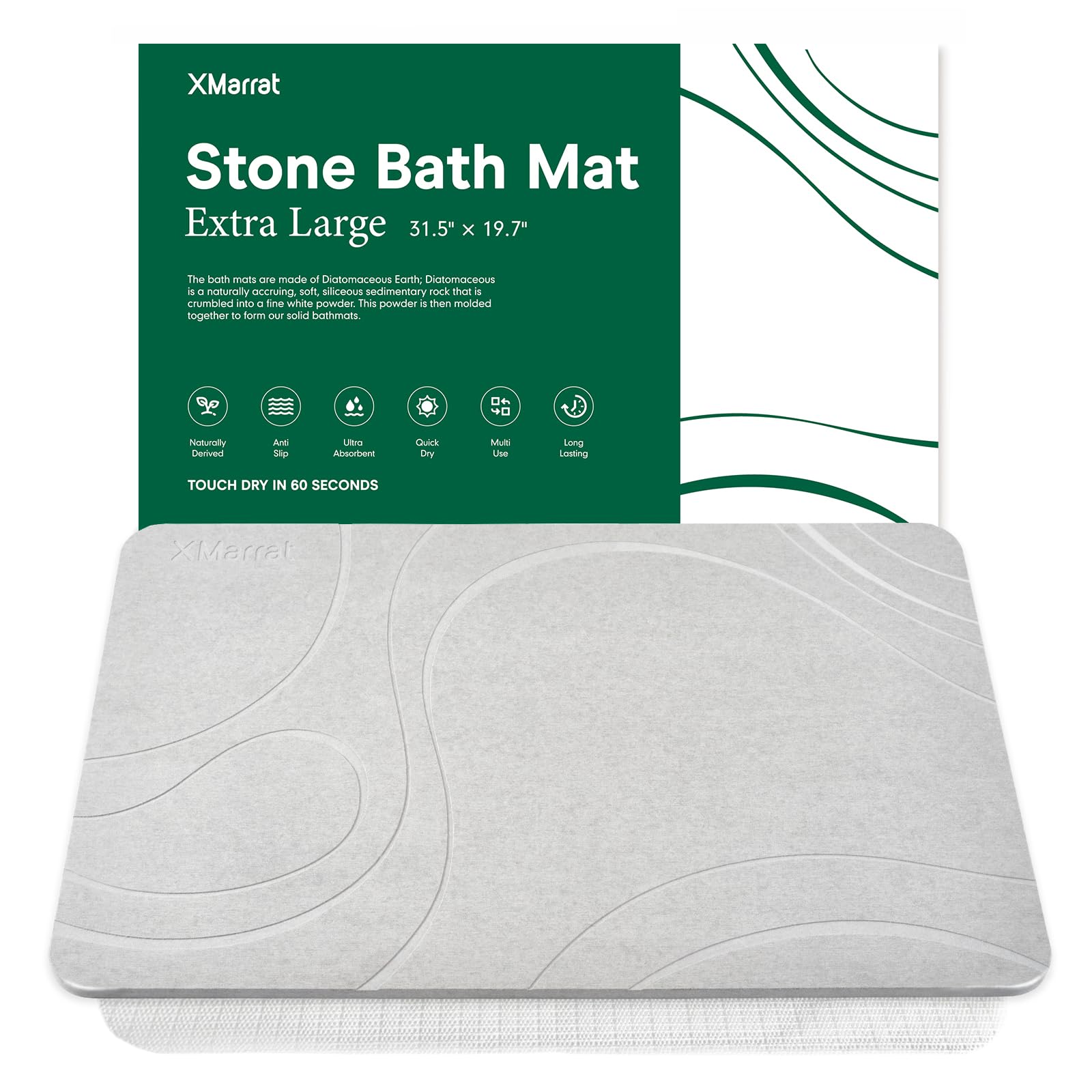 Large Stone Bath Mat, Super Absorbent Diatomaceous Earth Bath Mat, Quick Drying Non-Slip Diatomite Stone Bath Mats for Bathroom, Easy to Clean (Light Gray, 31.5" x 19.7")
