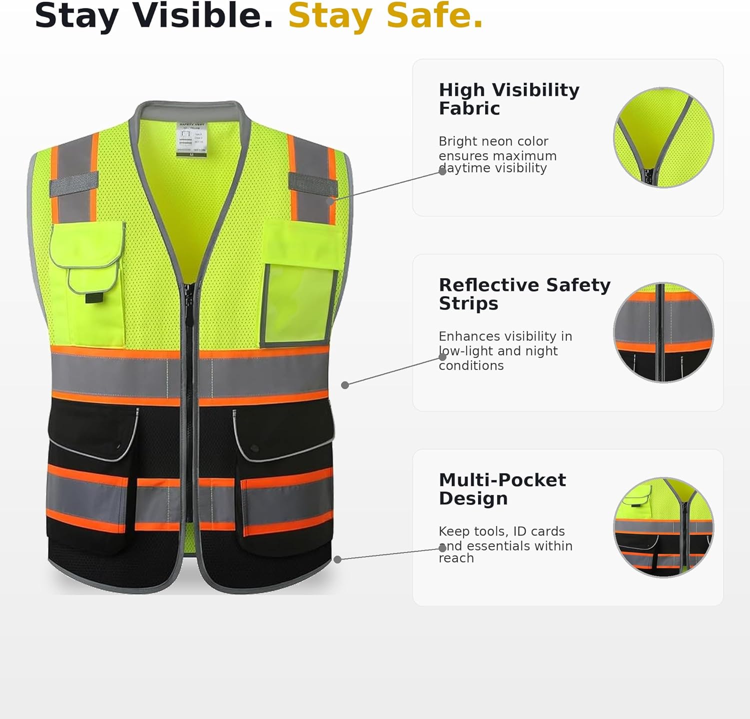 12 Pack High Visibility Safety Vest with Reflective Strips, Multi Pocket Work Vest for Construction