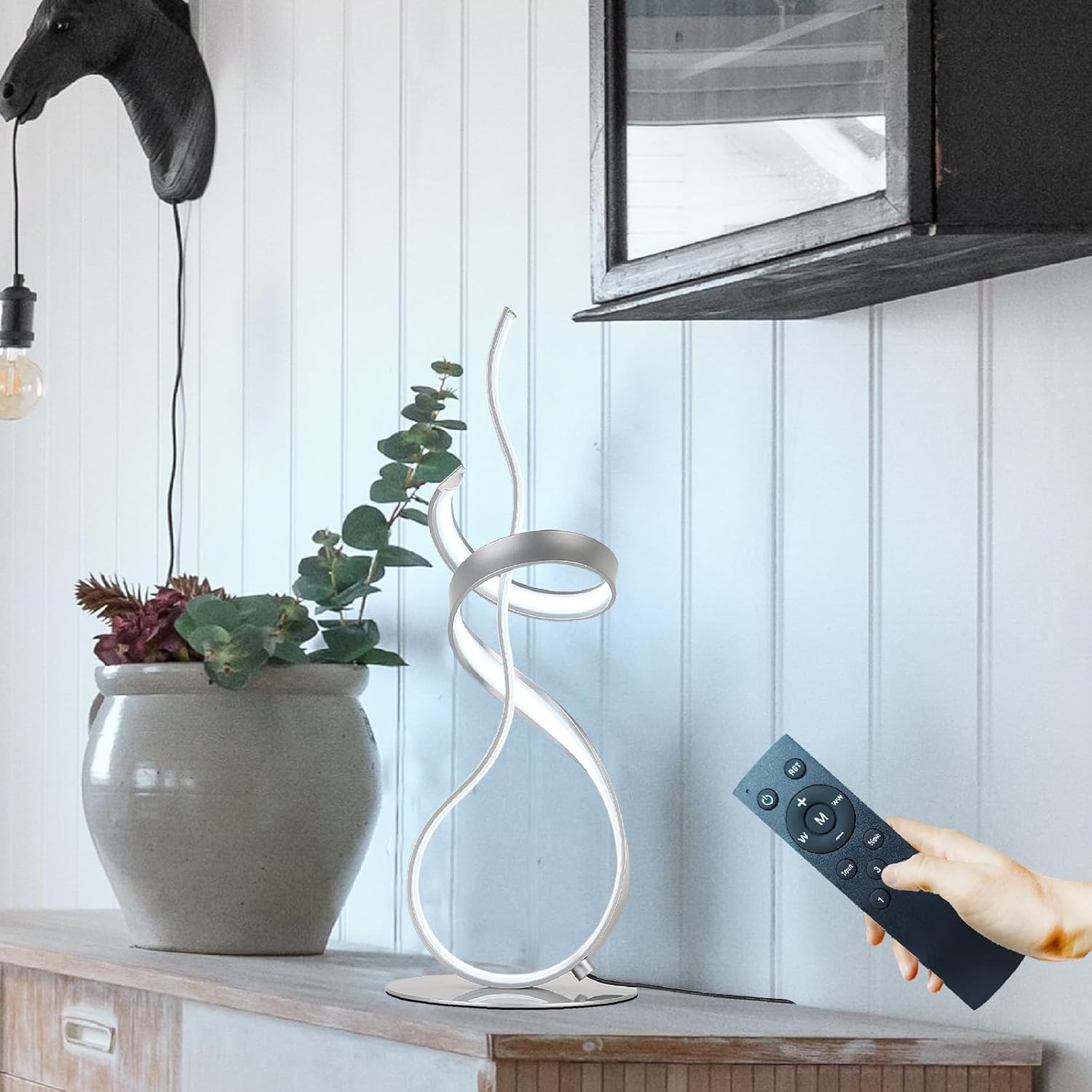 24W Modern 3Color Table Lamp with LED Spiral Design, 22“ Tall Silver Bedside Light & Nightstand Lamp, Touch Dimmable with 3 Colors & Remote Control for Bedroom, Living Room, Home Office (Silver)