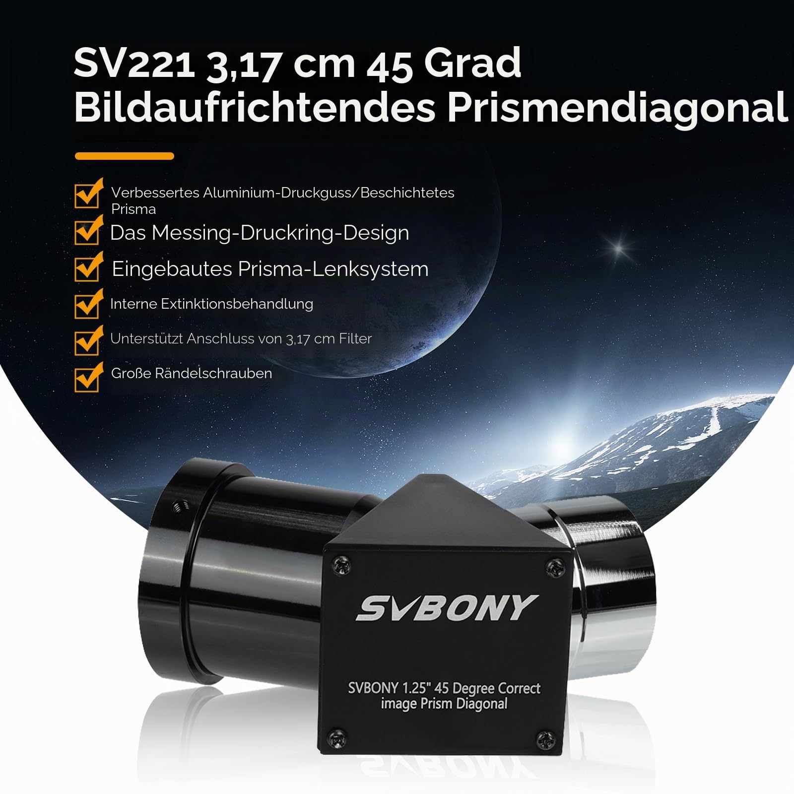 Svbony SV221 Teleskop Zenitspiegel, 1,25 Zoll 45° Aufrichtendes Diagonal Prisma, Aluminium Stern Zenitspiegel Okularadapter für bodengestützte astronomische Beobachtungen