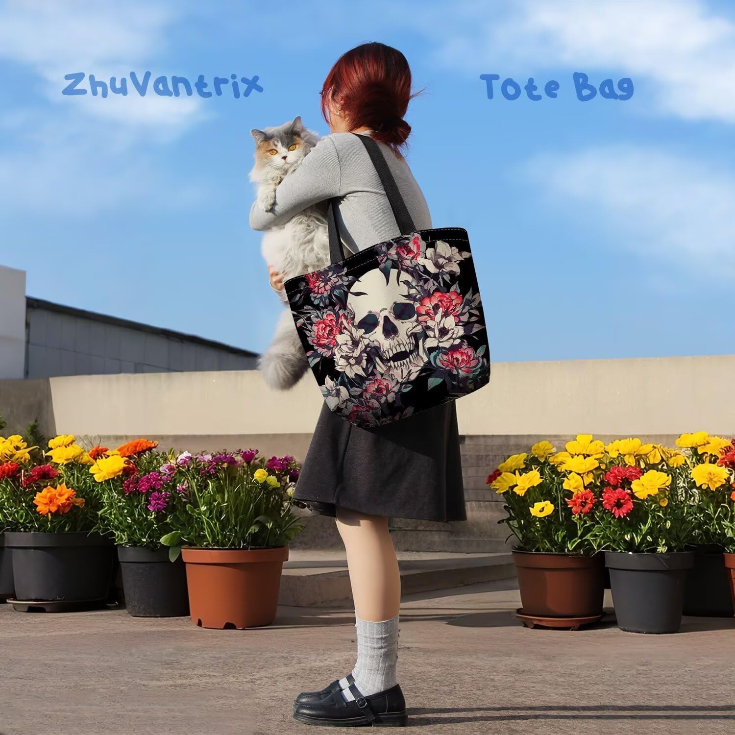 Floral Skull Tote Bag Reusable Grocery Bags Cute Aesthetic Shopping Shoulder Handbag with Interior Zipper Pocket Lightweight & Washable Stylish Floral Skull Present for Women - Image 6