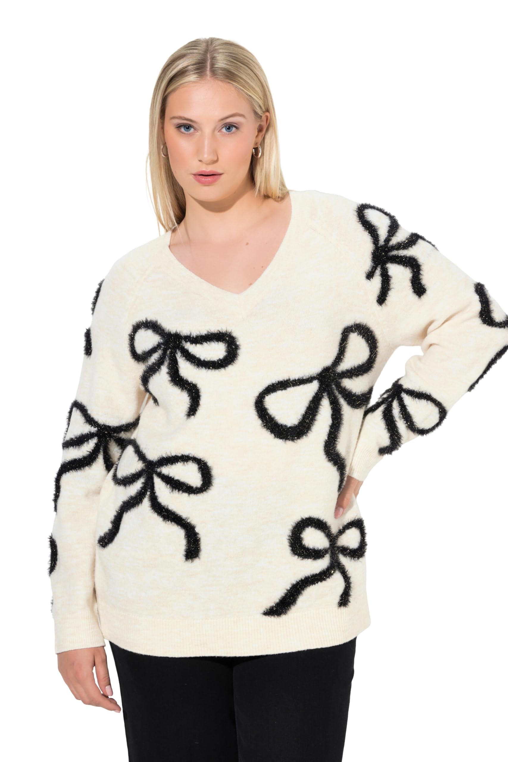 Ulla Popken Damen große Größen Übergrößen Plus Size Pullover, Glitzer-Schleifen, V-Ausschnitt, Langarm 844920