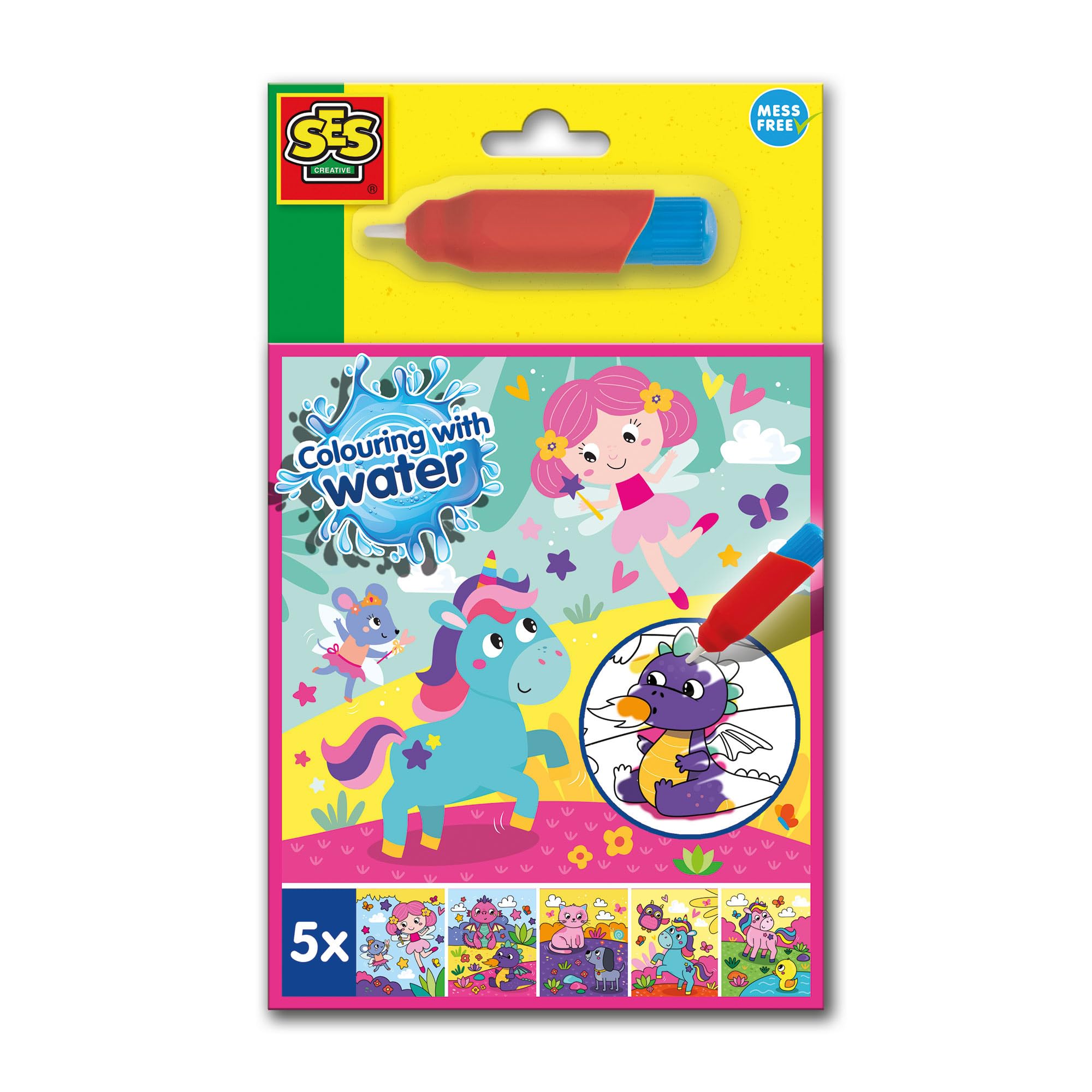SES Creative 00133 Colour with Water Fantasy Book - Mess-Free Creative Play for Kids Aged 3+ - Includes 5 Reusable Pages and Refillable Water Brush - Explore Magical Fantasy Scenes