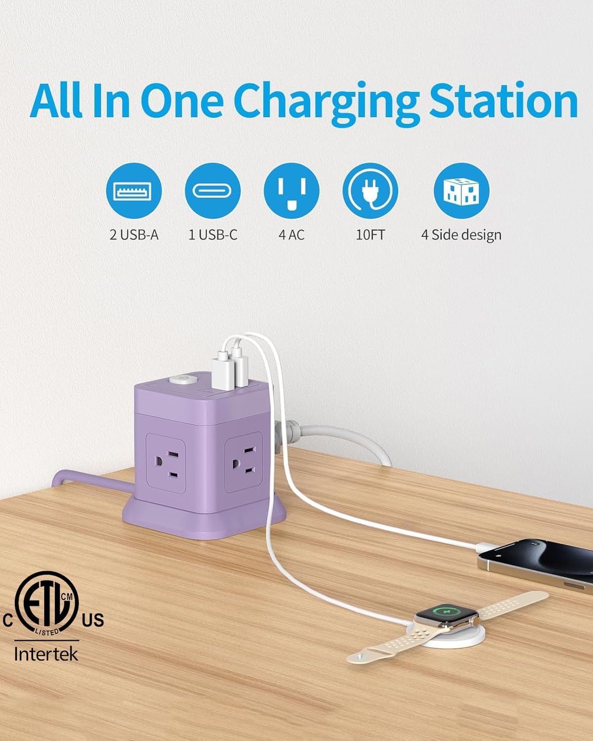 FDTEK Cube Power Strip USB C, 4 Outlets 3 USB 10 FT Extension Cord Purple image 2