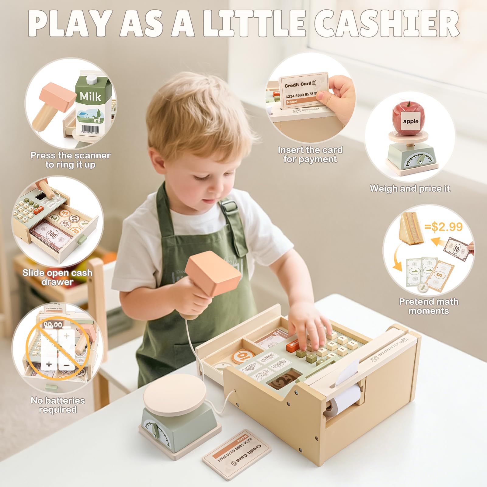 Dreamon Legno Cassa Giocattolo per Bambini, Registratore di Cassa Giocattolo Supermercato con Scanner Grembiule Regali per Ragazzi e Ragazze 3 4 5 6 Anni