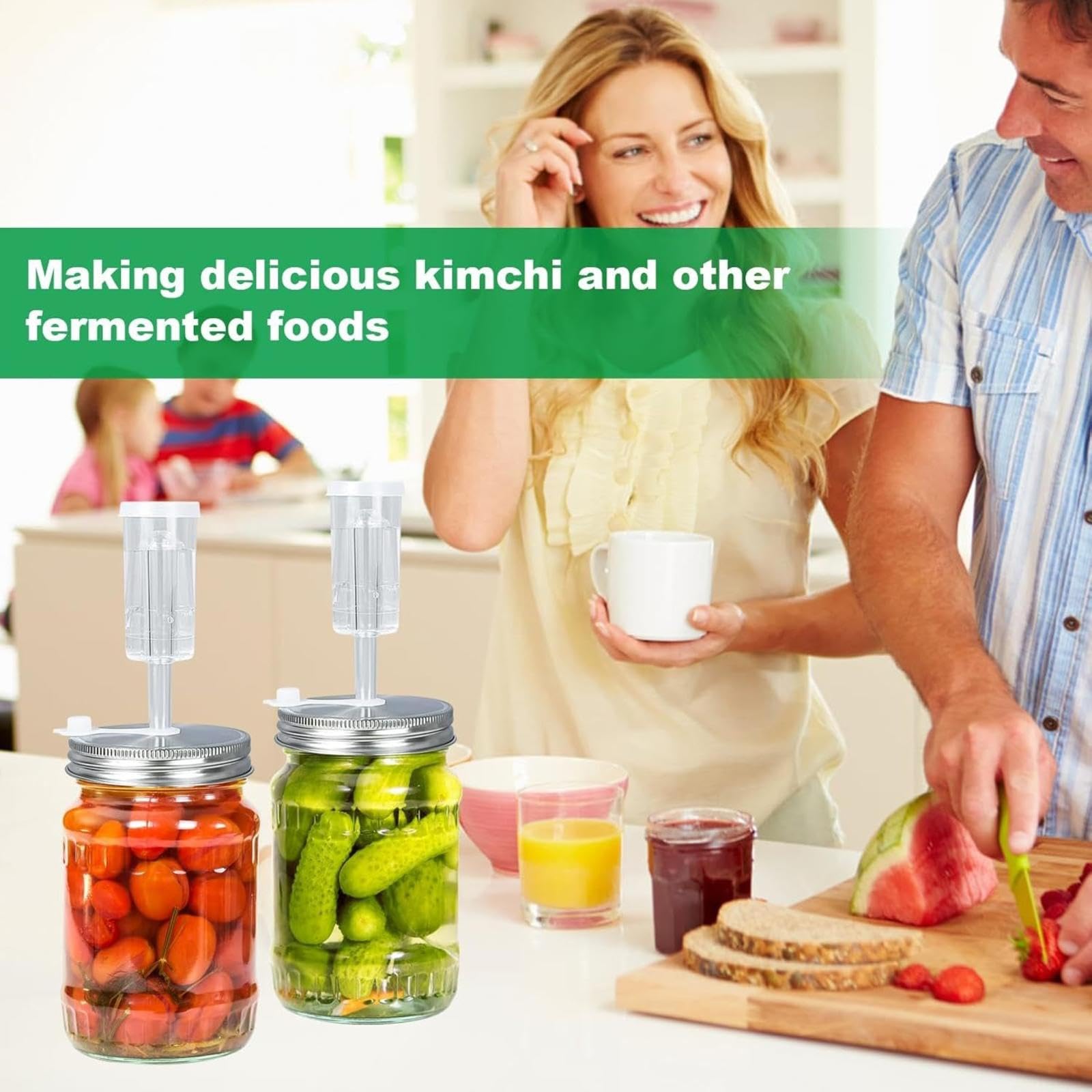 Kit di fermentazione per barattoli Mason a bocca larga, set da 4 coperchi per fermentazione con chiusure ermetiche e pesi in vetro per sottaceti/crauti, set facile per la fermentazione (barattoli non