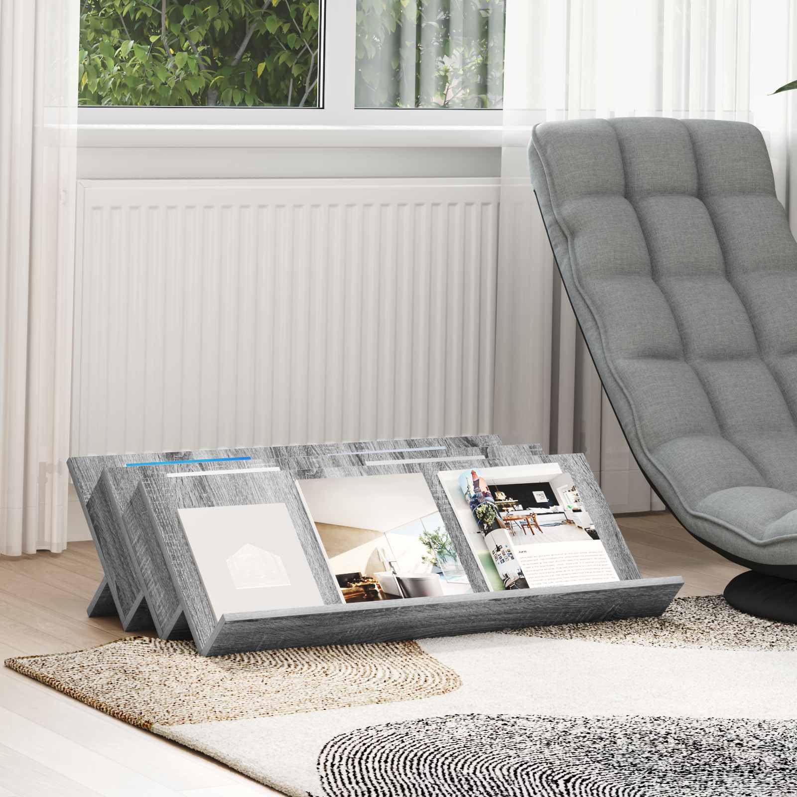 Regał na magazynek Sonoma szary materiał drewnopochodny, 90 x 53 x 28,5 cm, z 3 półkami na deski, do salonu, biura, korytarza i poczekalni, praktyczne przechowywanie i stylowa półka