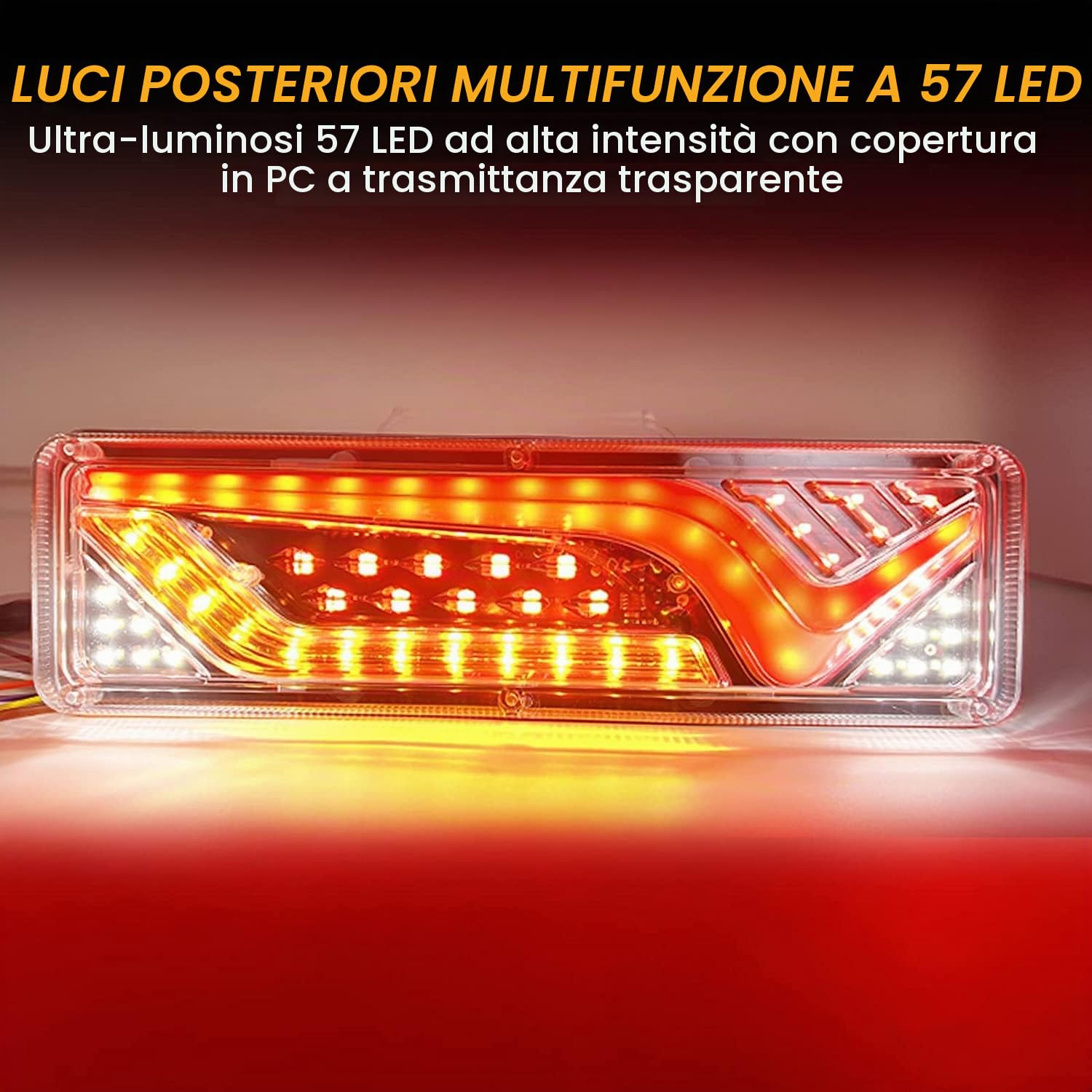 Biqing 2 luci posteriori a LED 12 V, 57 LED, multifunzionali, luci di traino a LED, luci di arresto lampeggianti dinamiche lampada per camion rimorchio roulotte trattore (24, Volt)