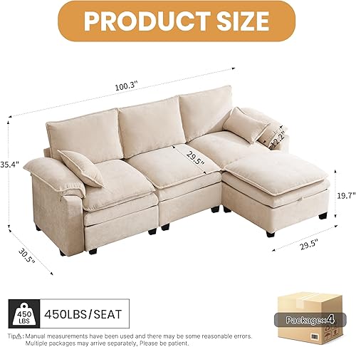 Miniatura 2 de Sofá modular en forma de L de 100 pulgadas, sofá con almacenamiento otomano, sofá nube de felpilla con asiento profundo de felpa para sala de estar,