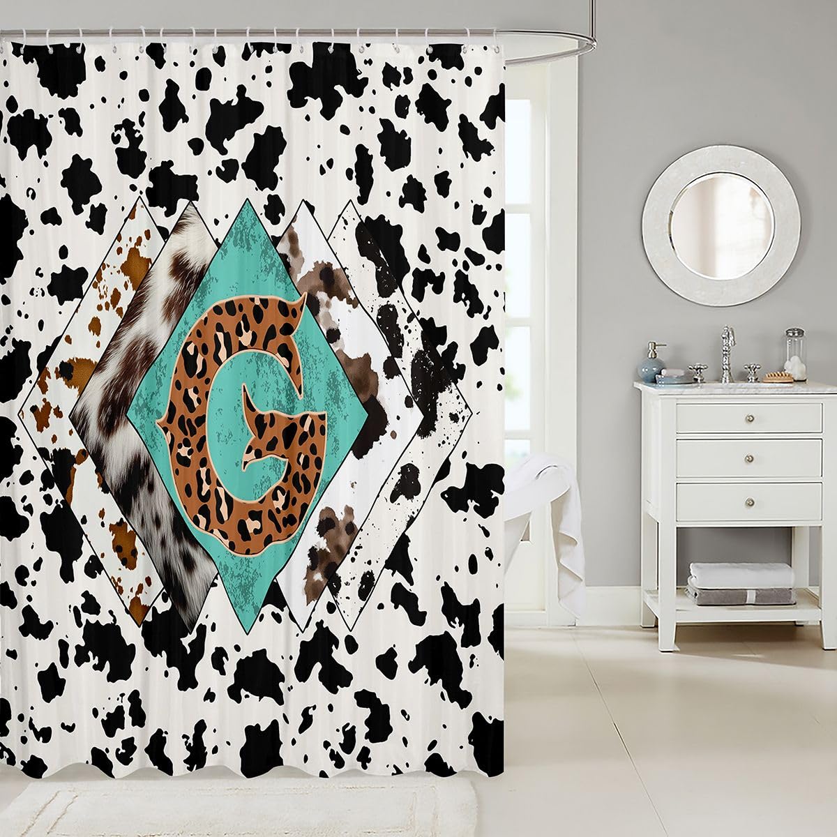 Rideau de douche lettre G taille L léopard monogramme alphabet imprimé cuir de vache rideau de bain pour adultes design rustique rétro rideaux de bain imperméables avec 12 crochets pour baignoire