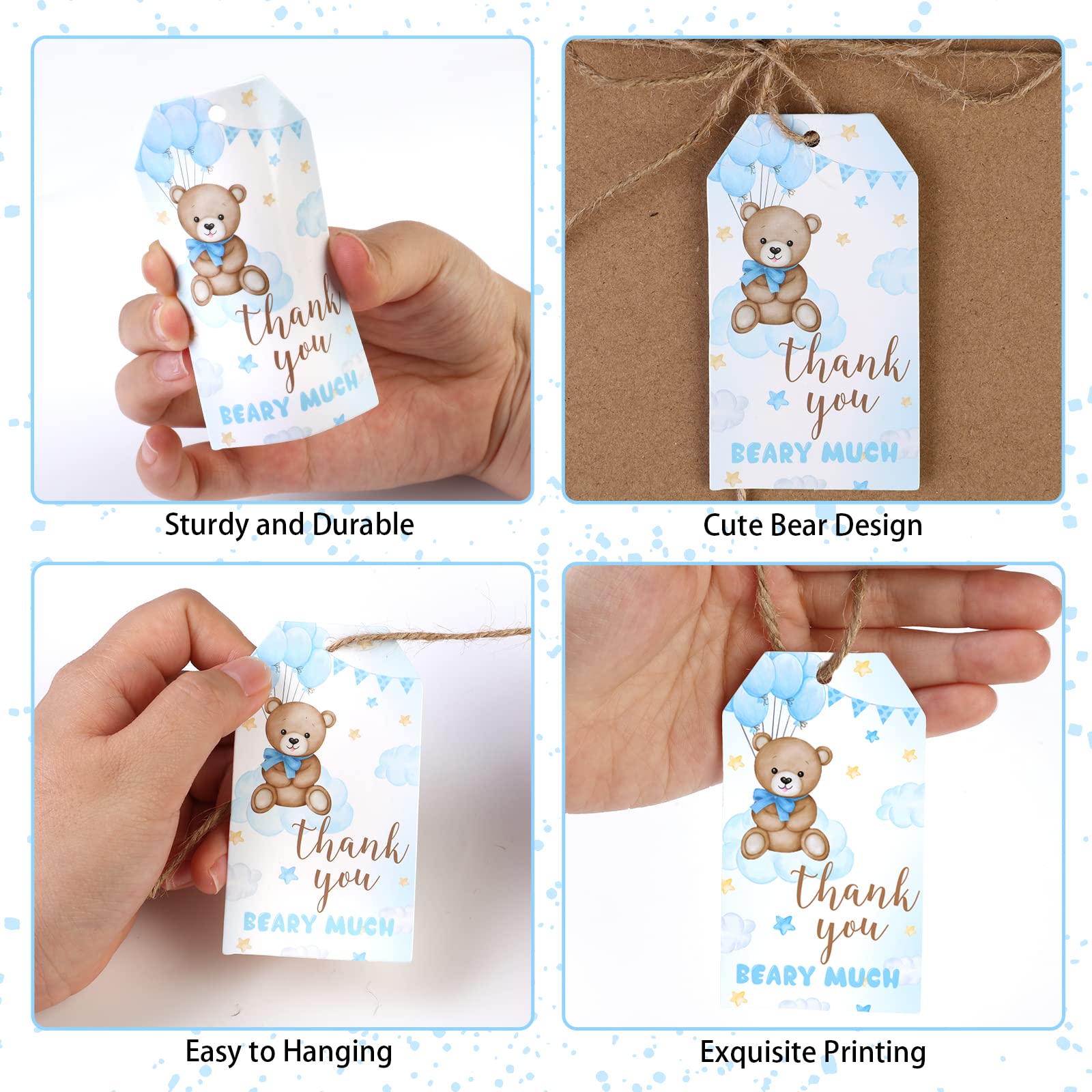 Niedźwiedź dziękuję, 50 szt. niebieskich zawieszek na prezent ze sznurkiem na baby shower, podziękowanie za wiele prezentów na ślub, urodziny, baby shower, przyjęcie weselne, upominki