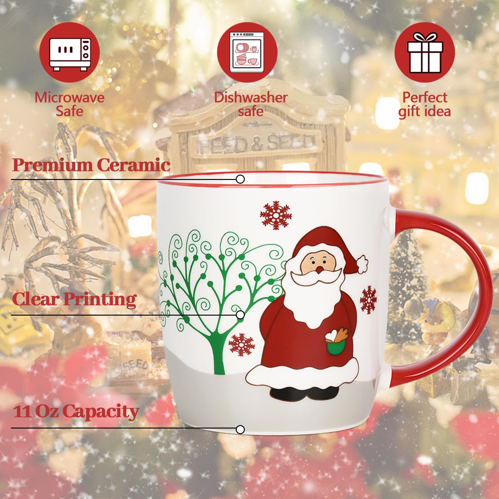 YHRJWN Lot de 4 tasses à café « Merry Christmas » avec renne, Père Noël, bonhomme de neige, pingouin, cadeaux de Noël pour la famille et les amis, 325 ml