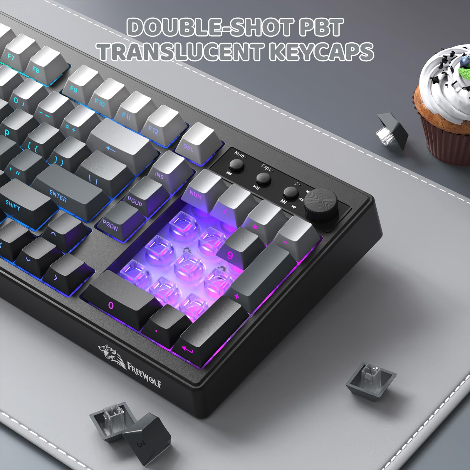 FREEWOLF K100 Tastiera Gaming Senza Fili RGB con Tastierino Numerico, Connessione Bluetooth/2.4G Senza Fili/USB-C Cablata, Tasti Incisi sui Lati in PBT Gradiente, 4000mAh, Manopola Multimediale - Nero