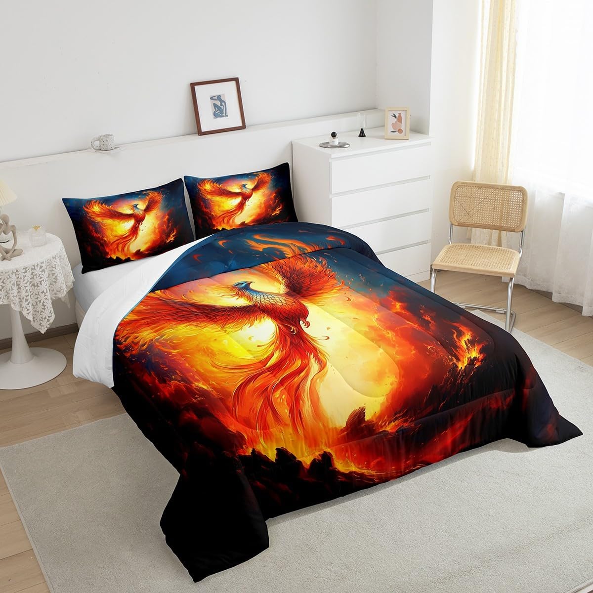 Erosebridal Fire Phoenix Down Comforter 3D Printed Flying Animal Kids Bedding Set Flame Bird Animal Queen Comforter Set for Boys Girls Teen,Red Phoenix Bed Set Bedroom Decor 3 Pcs