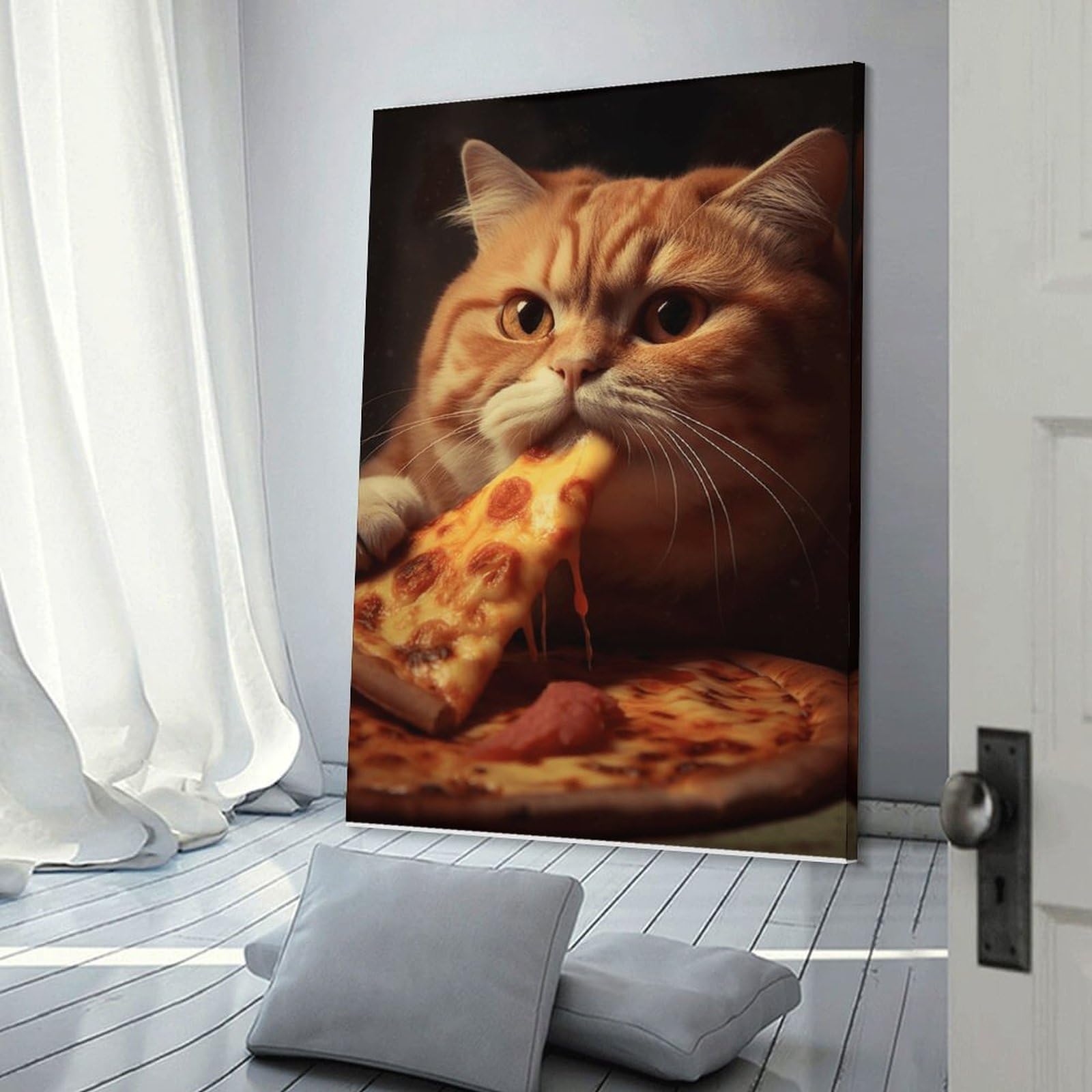 Junmoney Frame-Style-24 Wall Picture Print Cat Eating Pizza, 20X30inch(50X75cm), For Contemporary Homes, Apartments Or Offices, Decorative Canvas Decor For Home Updates