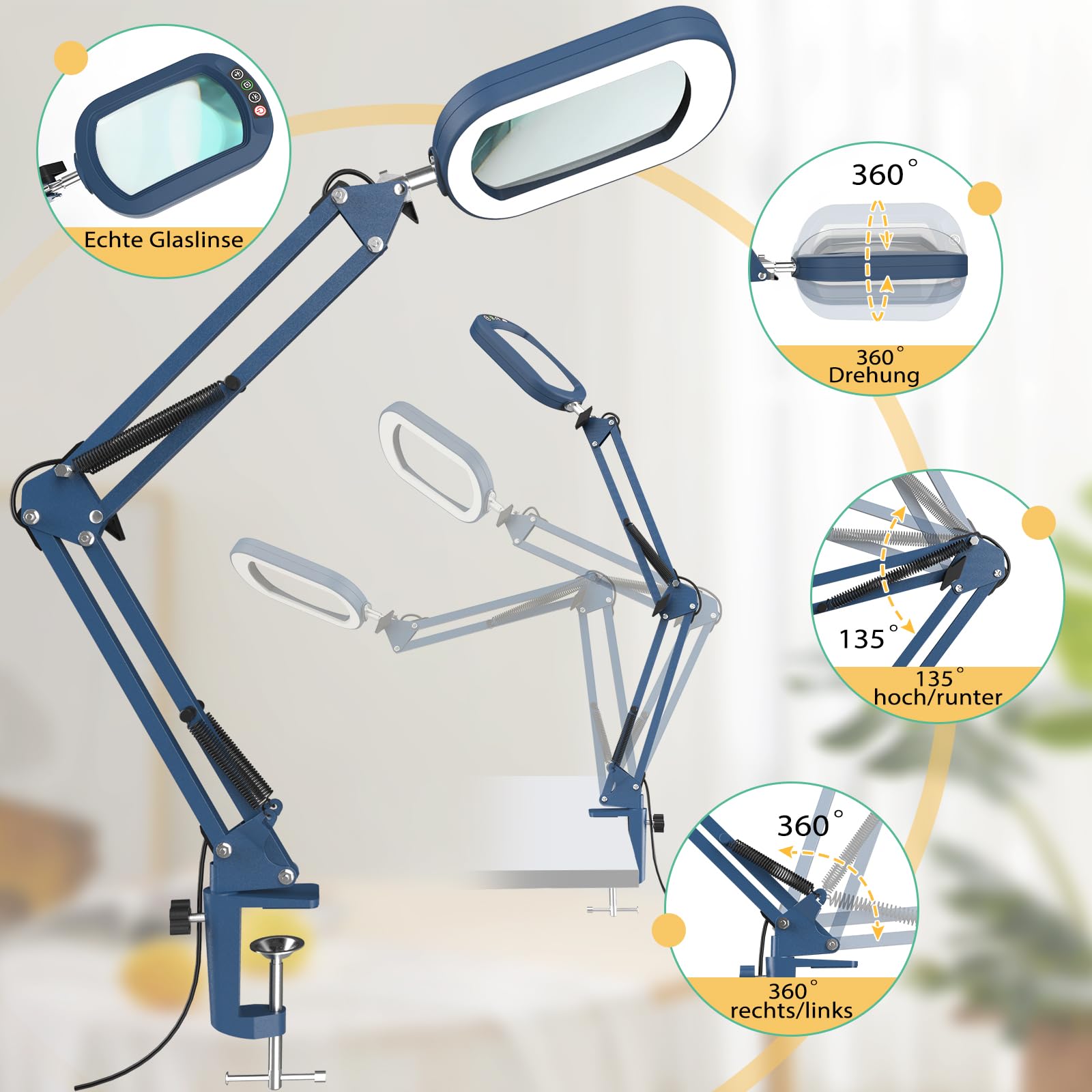 Lupa 10X con luz y abrazadera, cristal auténtico soporte de iluminación, 5 modos de color y regulable sin niveles, lámpara de escritorio LED manos libres para manualidades, aficiones, lectura, pintura