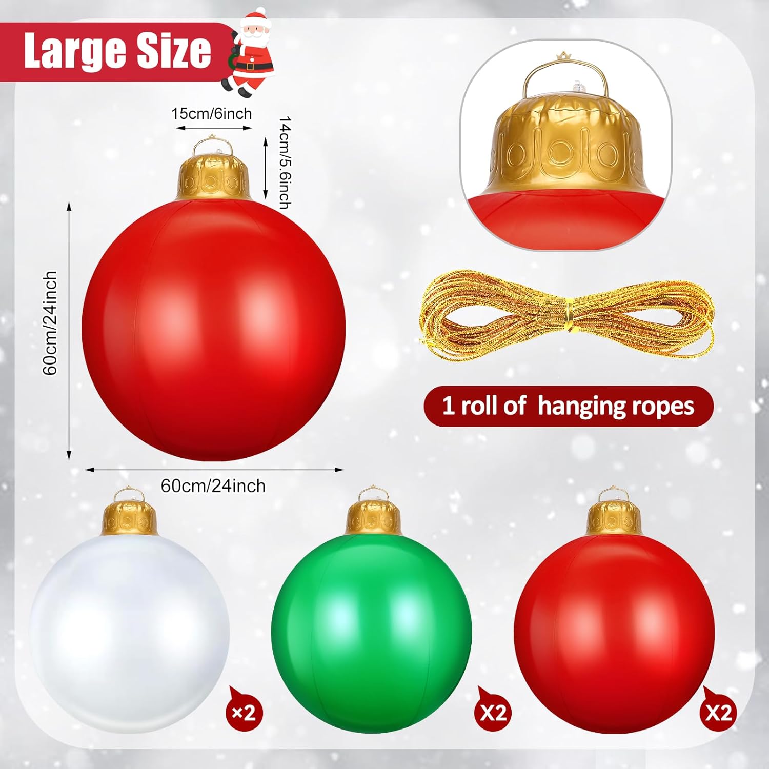 6 Pcs 24 Inch Inflatable Christmas Ornaments Oversized Hanging Christmas Balls Outdoor Christmas Decorations for Xmas Lawn Yard Porch Indoor Decor