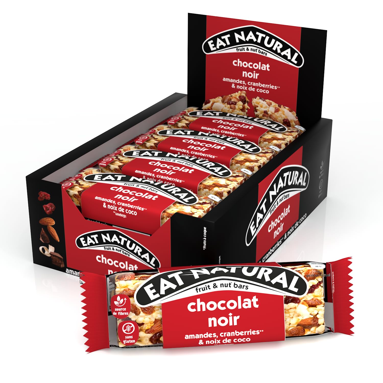 EAT NATURAL - Barres sans gluten - Cranberries, amandes, noix de coco et chocolat noir - 12 barres de 40g