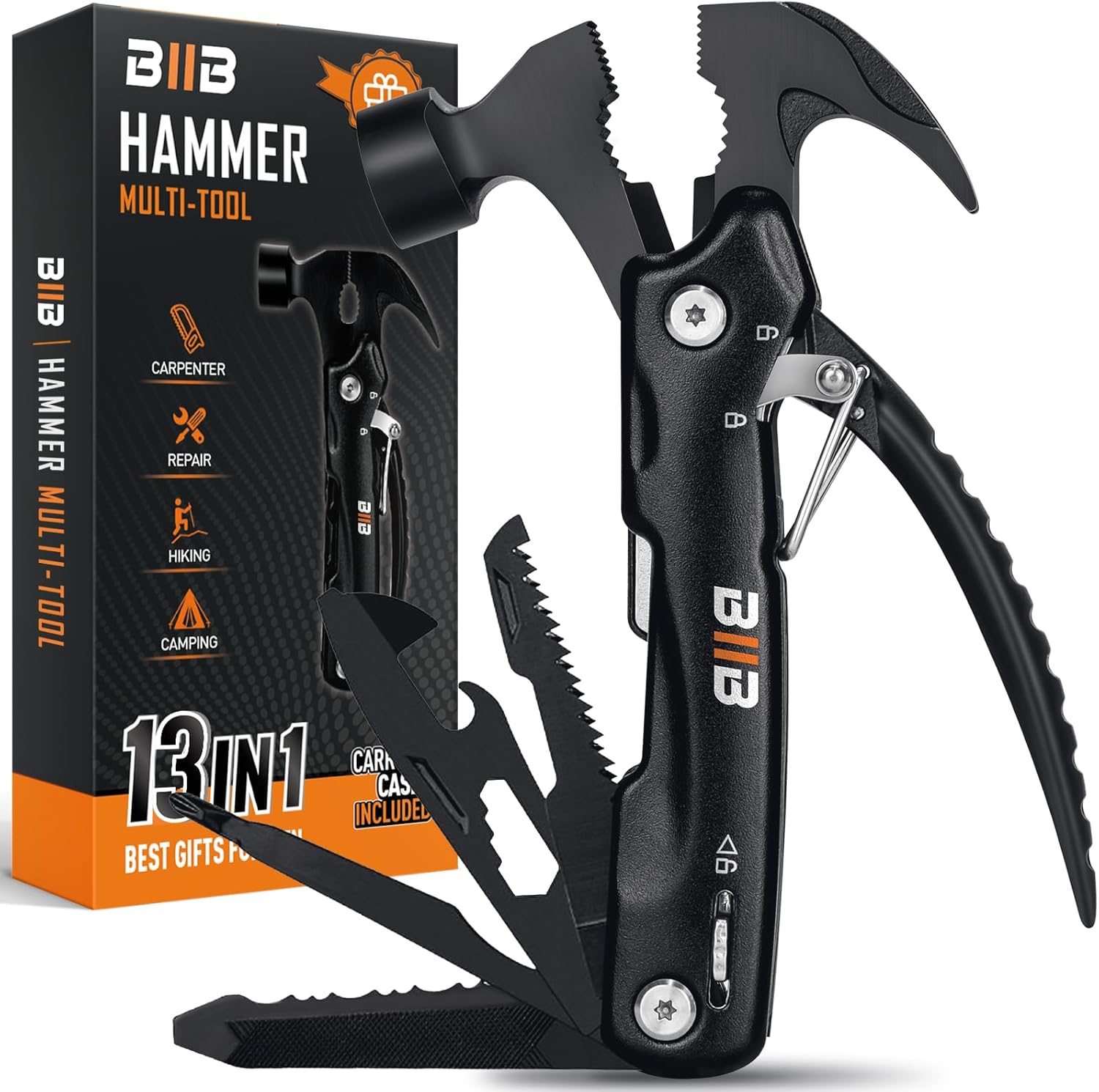 BIIB Gifts for Men, 13 in 1 Hammer Multitool Camping Accessories, Mens Gifts for Dad Him Boyfriend, Anniversary Birthday Gifts for Men Who Have Everything, Camping Survival Gear, Cool Gadgets