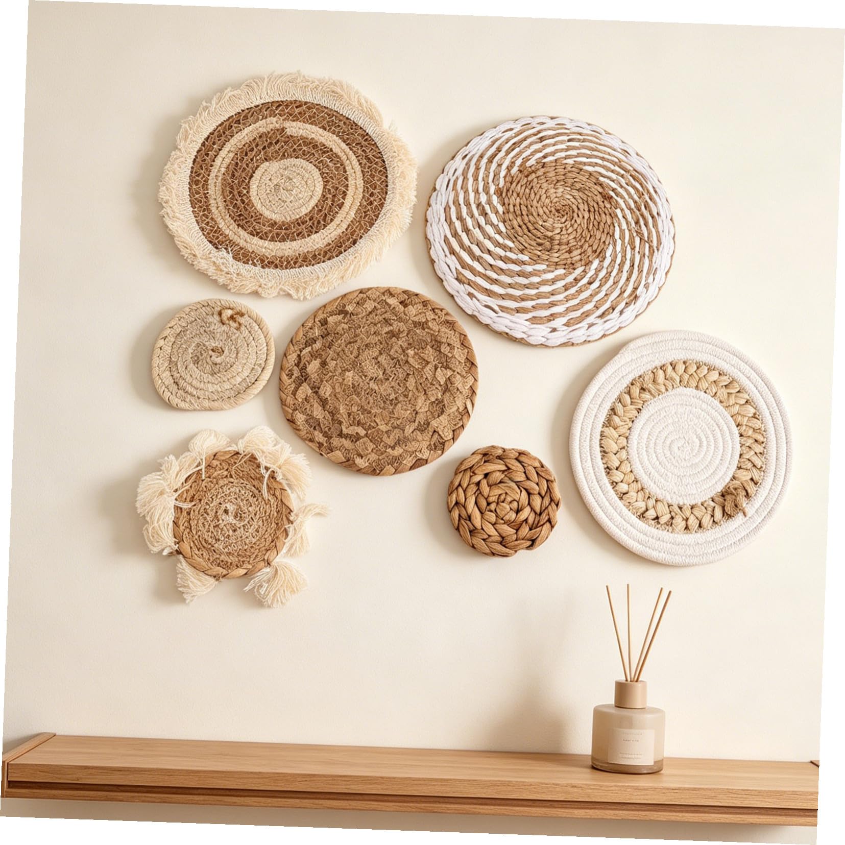 Decoración de Pared y Fácil de Colgar Bohemia Conjunto de 7 Piezas Hecha a Mano en Ratán Beige, Redonda Estilo Rústico y Moderno para Dormitorio