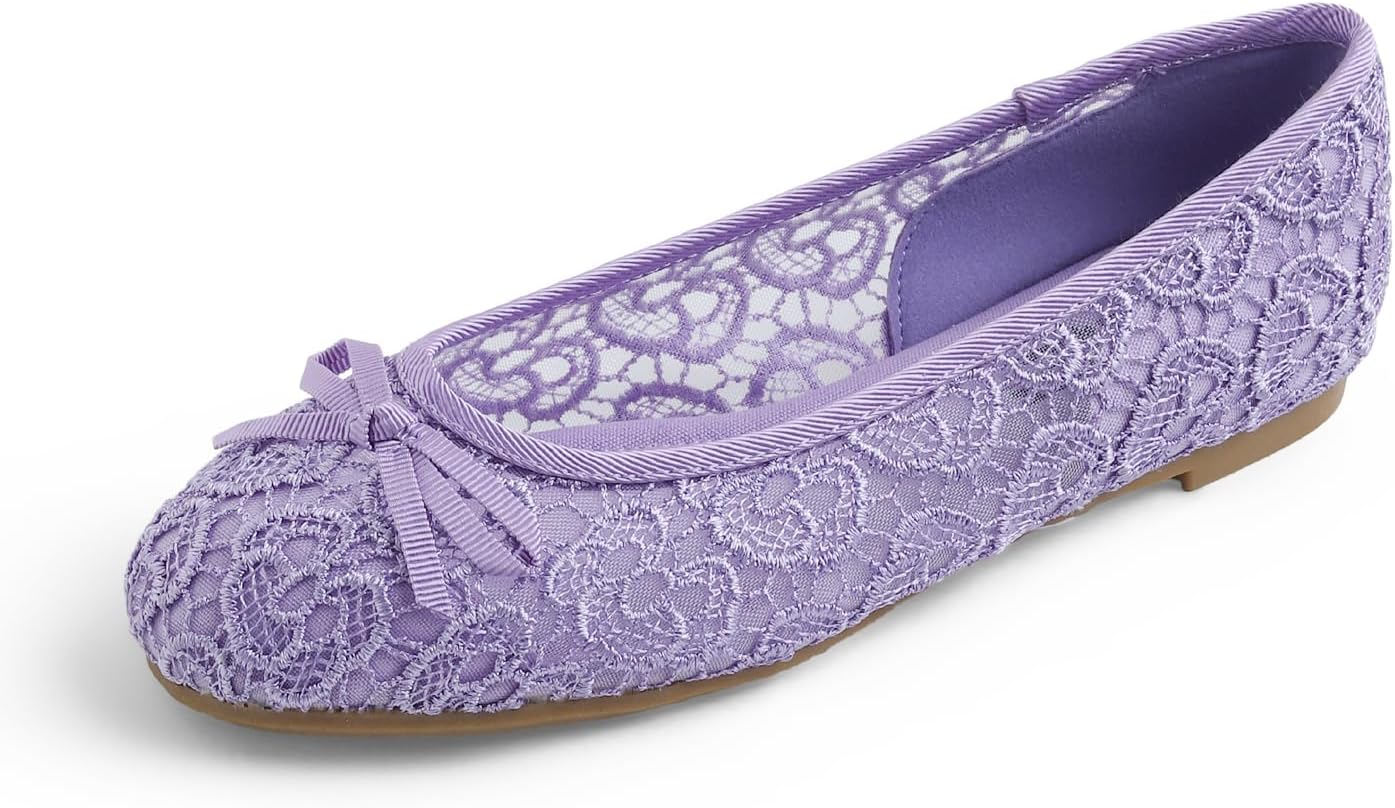 FEVERSOLE Round Toe Lace Ballet Crochet Flats Women's Comfy Breathable Shoes