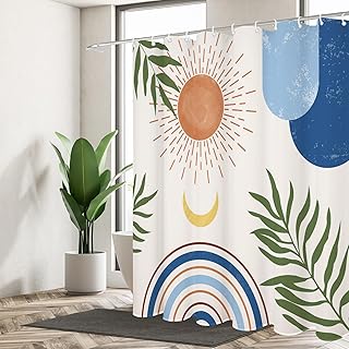 GiuMsi 72" x 84"Blue and Beige Boho Shower Curtain Set,Arch Sun Design,Minimalistic Leaves Pattern,Waterproof Luxurious Fa...