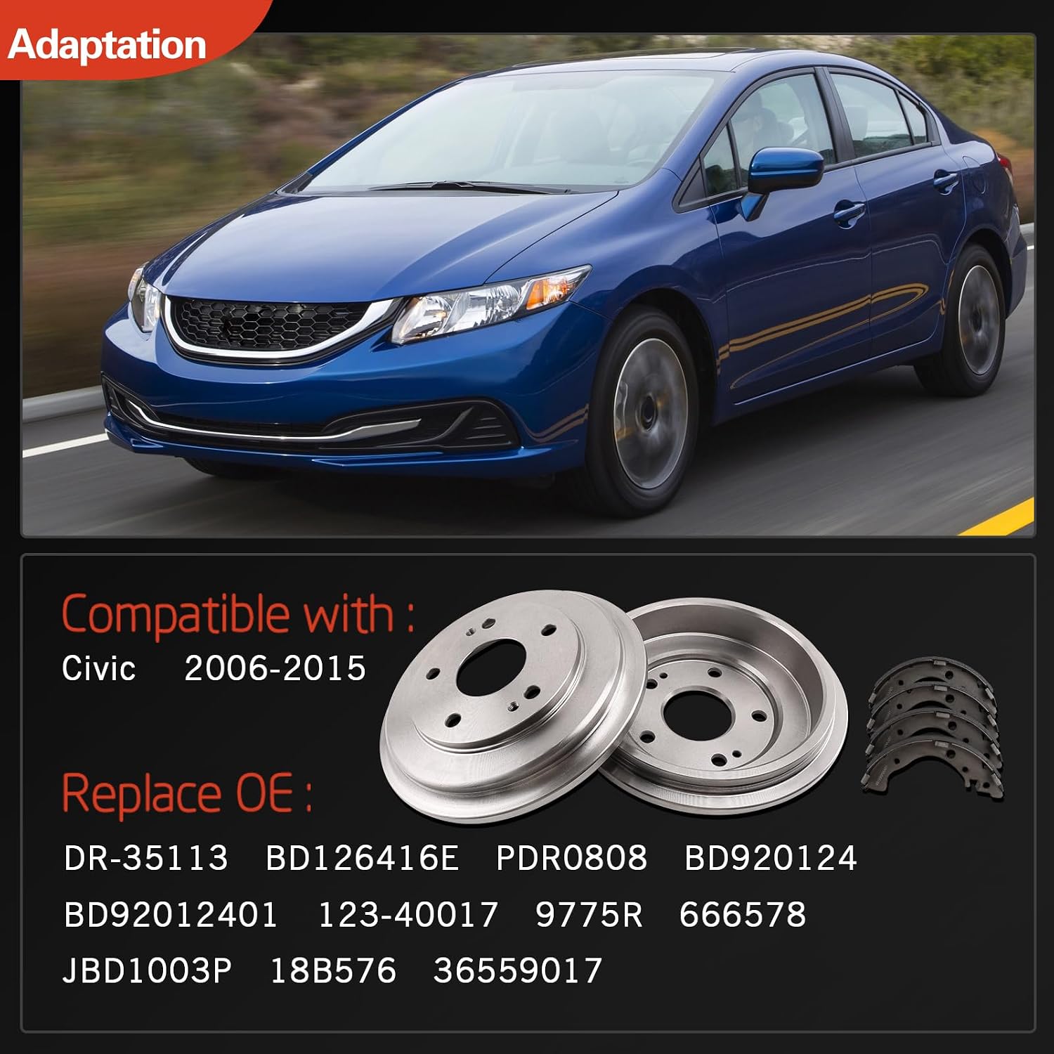 Rear Left & Right Brake Drums and Shoes Set Compatible with Civic 2006-2015