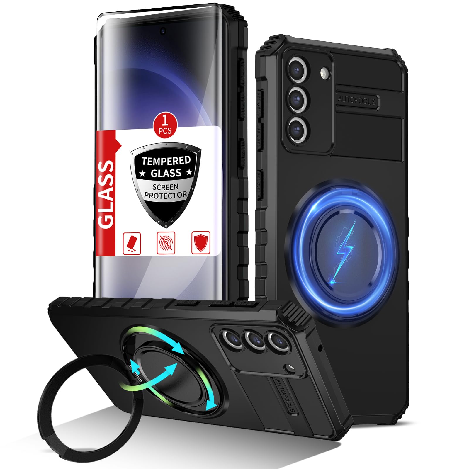 IYTRRYH for Samsung Galaxy S23 Plus Case Magnetic Compatible with Wireless Charging,S23+Plus Case with Screen Protector,with Kickstand Ring Military