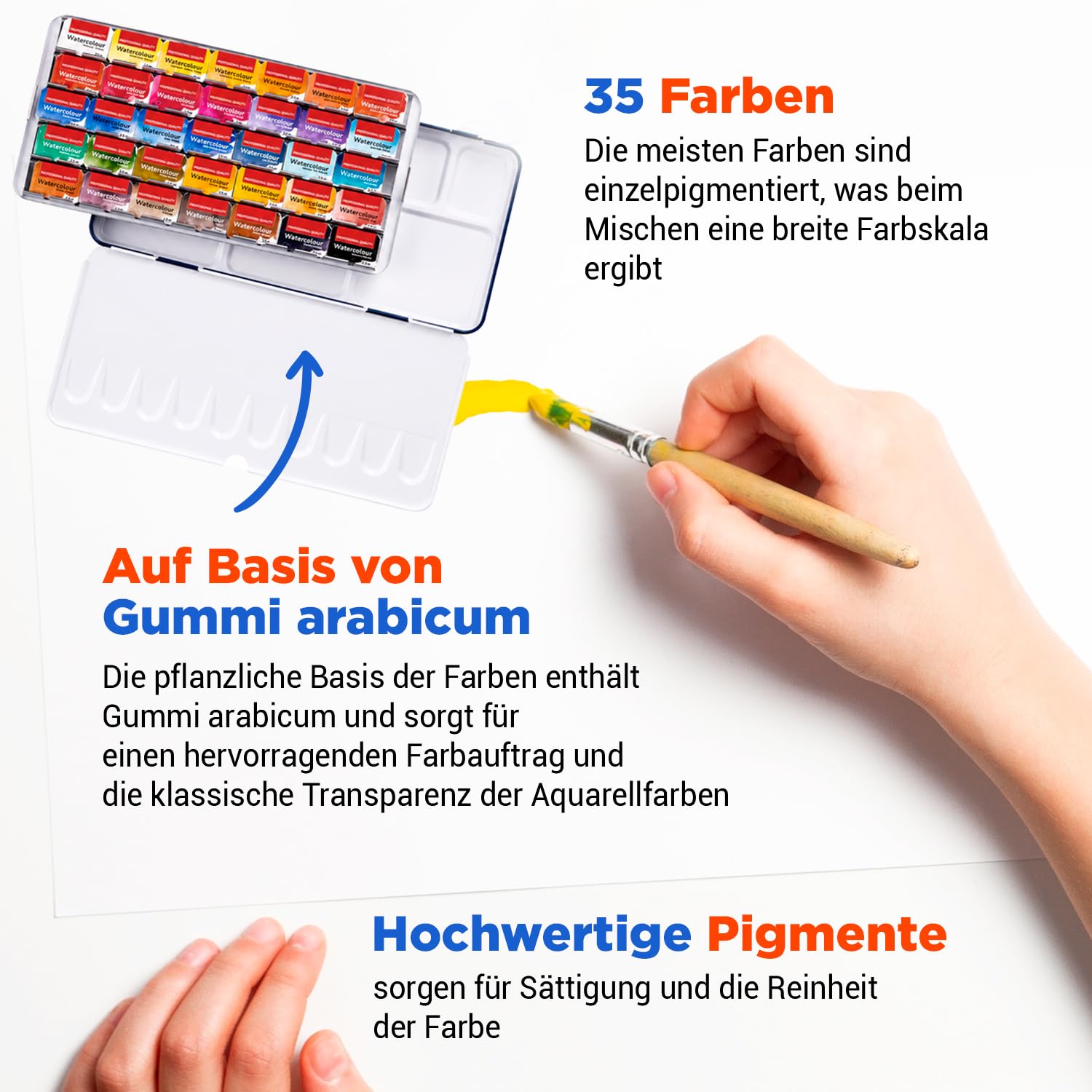 Aquarellfarben Set – 35 x Näpfchen Rosa Gallery Classic Aquarell | Professionelle Aquarell Set in Metallkasten | Hochwertig Künstler Aquarellkasten | Aquarellfarbe Wasserfarben