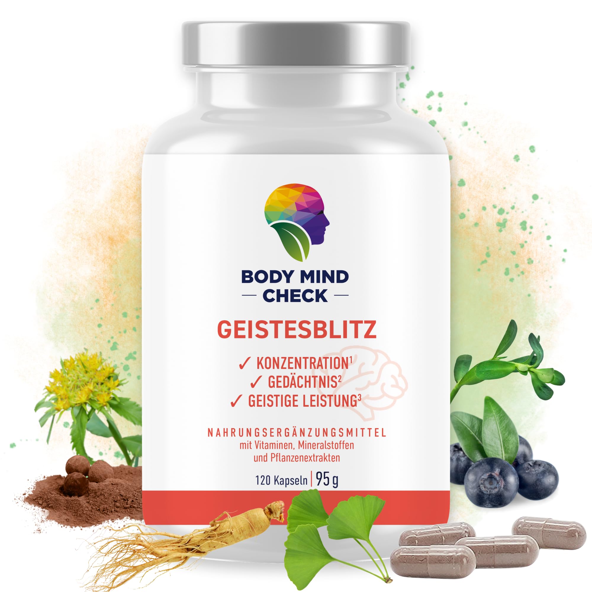 GEISTESBLITZ - natürliche Konzentrations Tabletten zum Lernen und Arbeiten - 120 Brain Booster Focus Kapseln hochdosiert - Focus Booster Gedächtnis Tabletten - Nootropic Gehirn Gedächtniskapseln