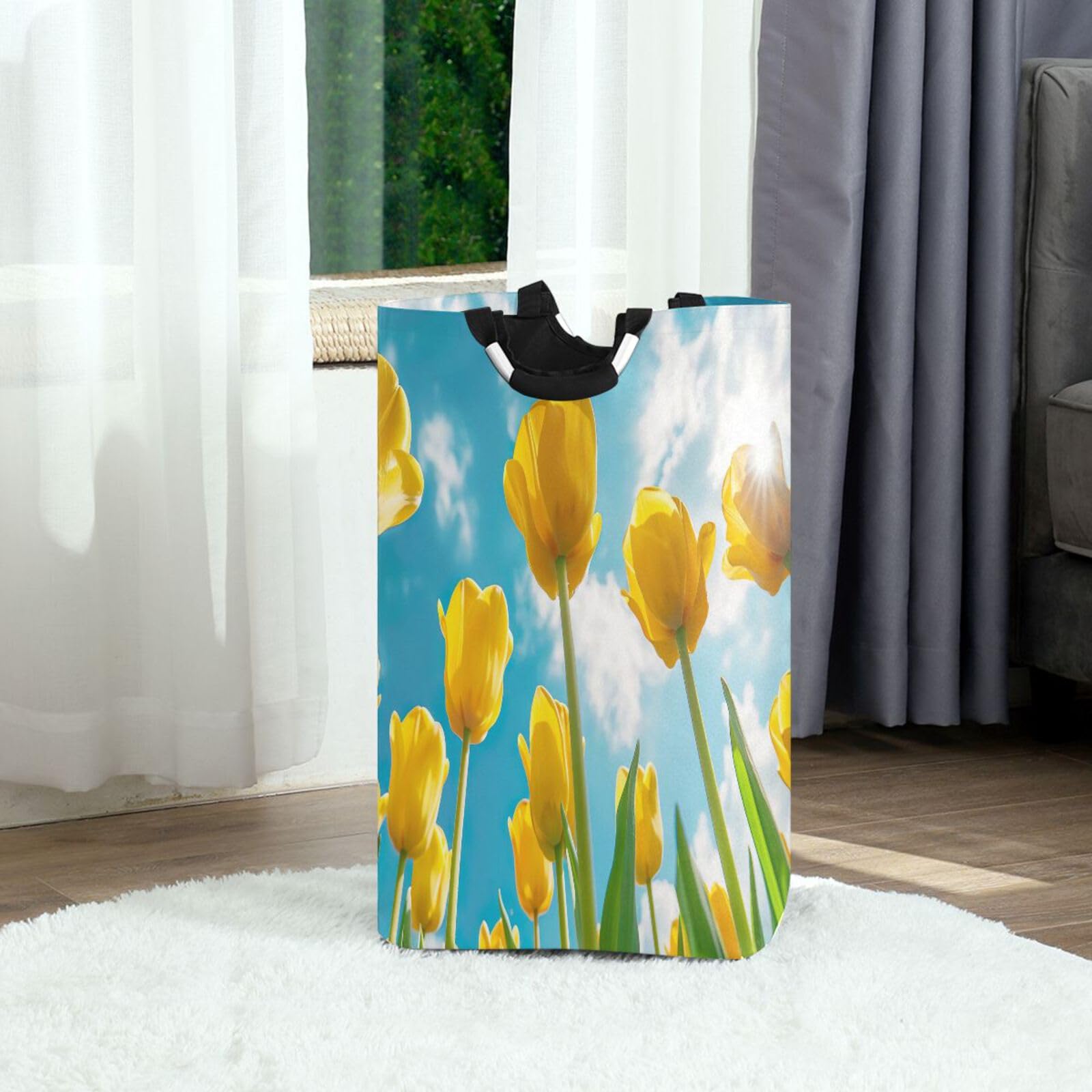 Jihqo Laundry Hamper Basket Tulips under The Sky Collapsible Nursery Storage Bin Waterproof Clothing Baskets for Home Bedroom Bathroom Washing Room