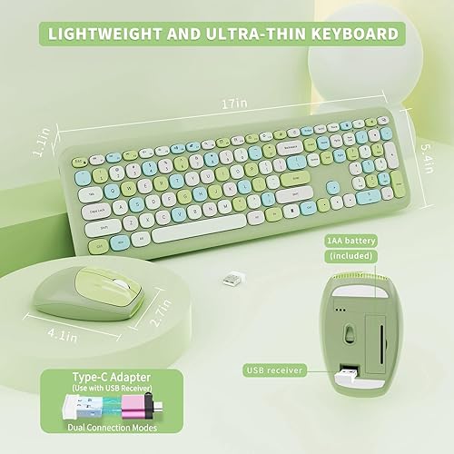 Vista 21 de Combo de teclado y mouse inalámbricos, colorido teclado ergonómico de tamaño completo con diseño retro, silencioso, con teclas bonitas, compatible