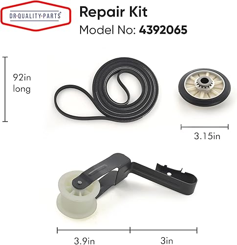Miniatura 2 de 4392065 Kit de reparación de secadora - Correa de tambor 341241, polea tensora 691366, 2 rodillos 349241T, 2 clips compatibles con Whirlpool Kenmore