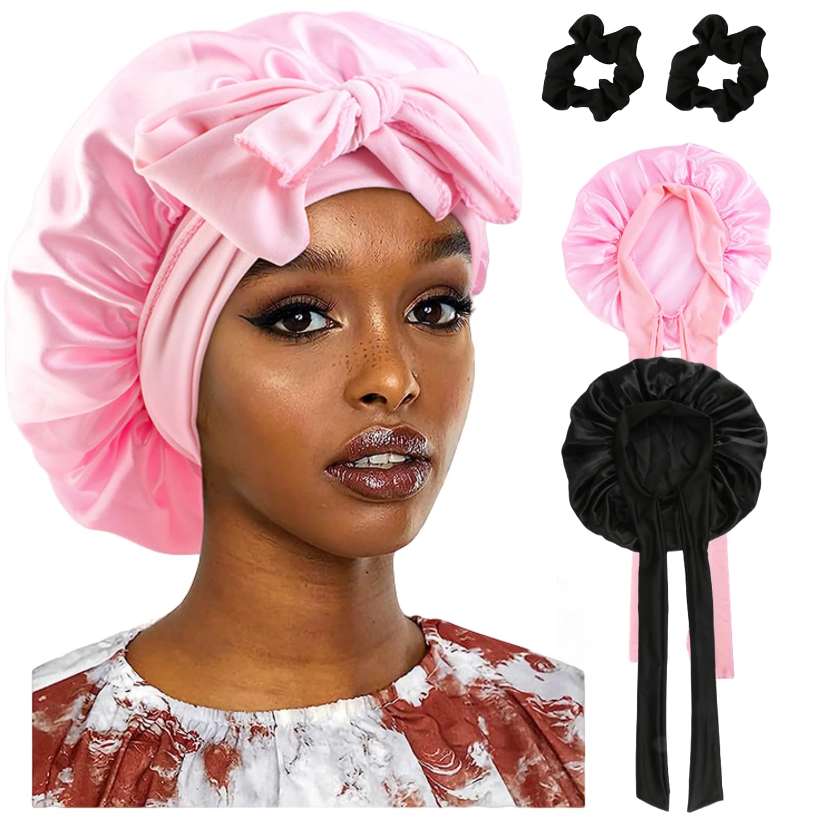 RVLZKCPG Pack of 2 Silk Bonnet for Sleeping Adjustable Silk Bonnet with 2 Hair Elastics, Wide Satin Hair Cap for Night Black, Pink