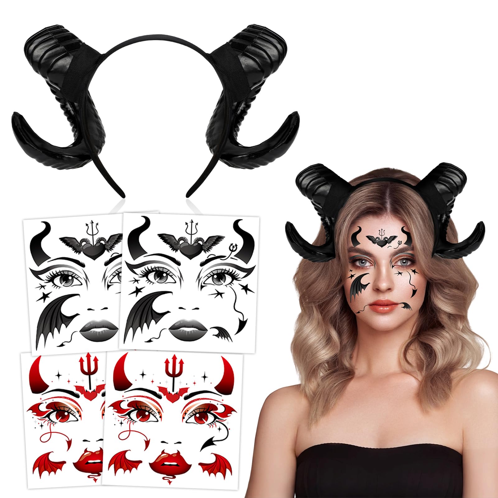 HOWAF Black Devil Horns Headband & Halloween Face Tattoos Stickers, Hair Accessories for Devil Costume, Carnival Halloween Costumes Women Men