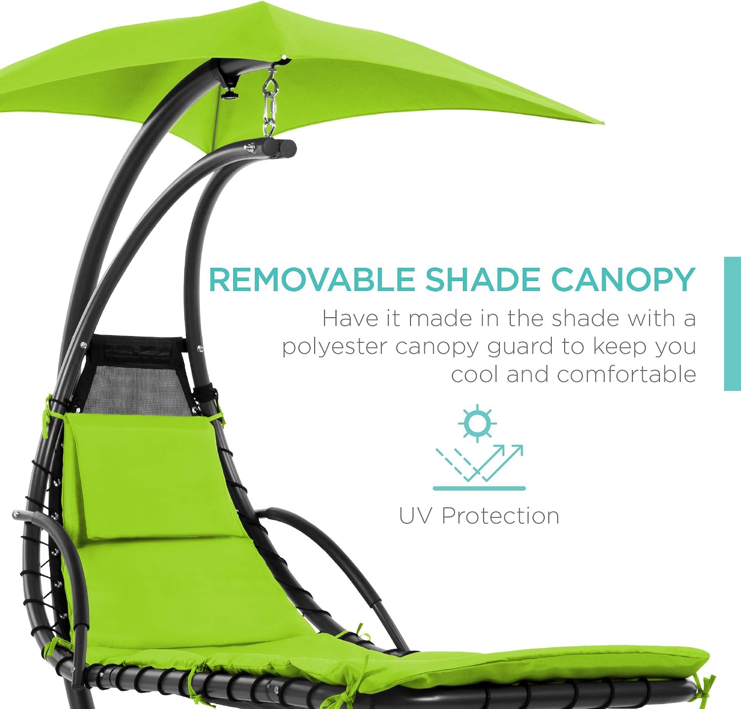 Best Choice Products Outdoor Hanging Curved Chaise Lounge Chair Swing for Backyard, Patio w/ Built-In Pillow, Removable Canopy, Stand -Metal Polyester, Green