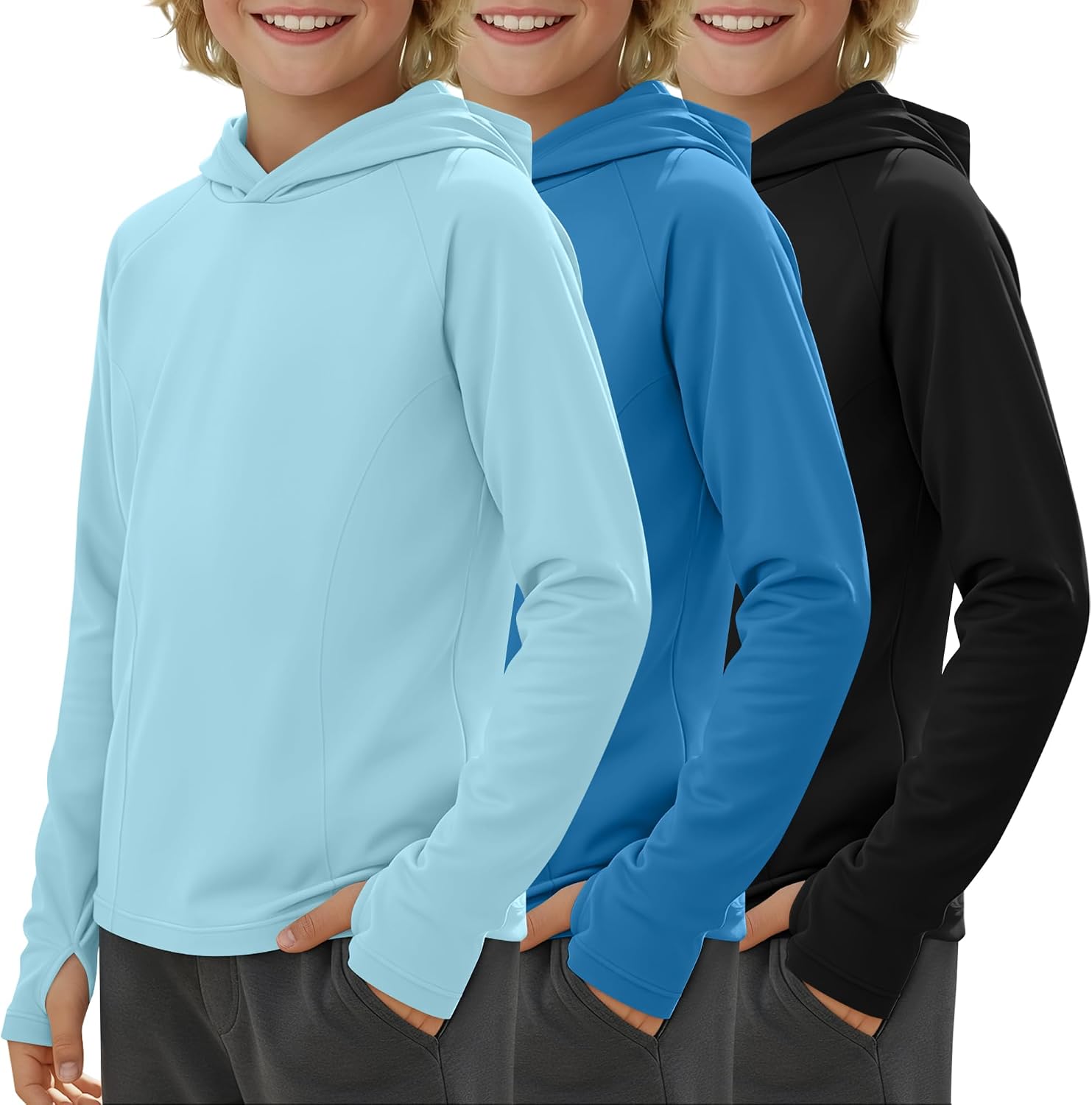 Yooo's Vivi 3 Pack Boy's Rash Guard Hoodie UPF 50+ Sun Protection Long Sleeve Swim Shirts Beach Fishing Tops with Thumb Holes