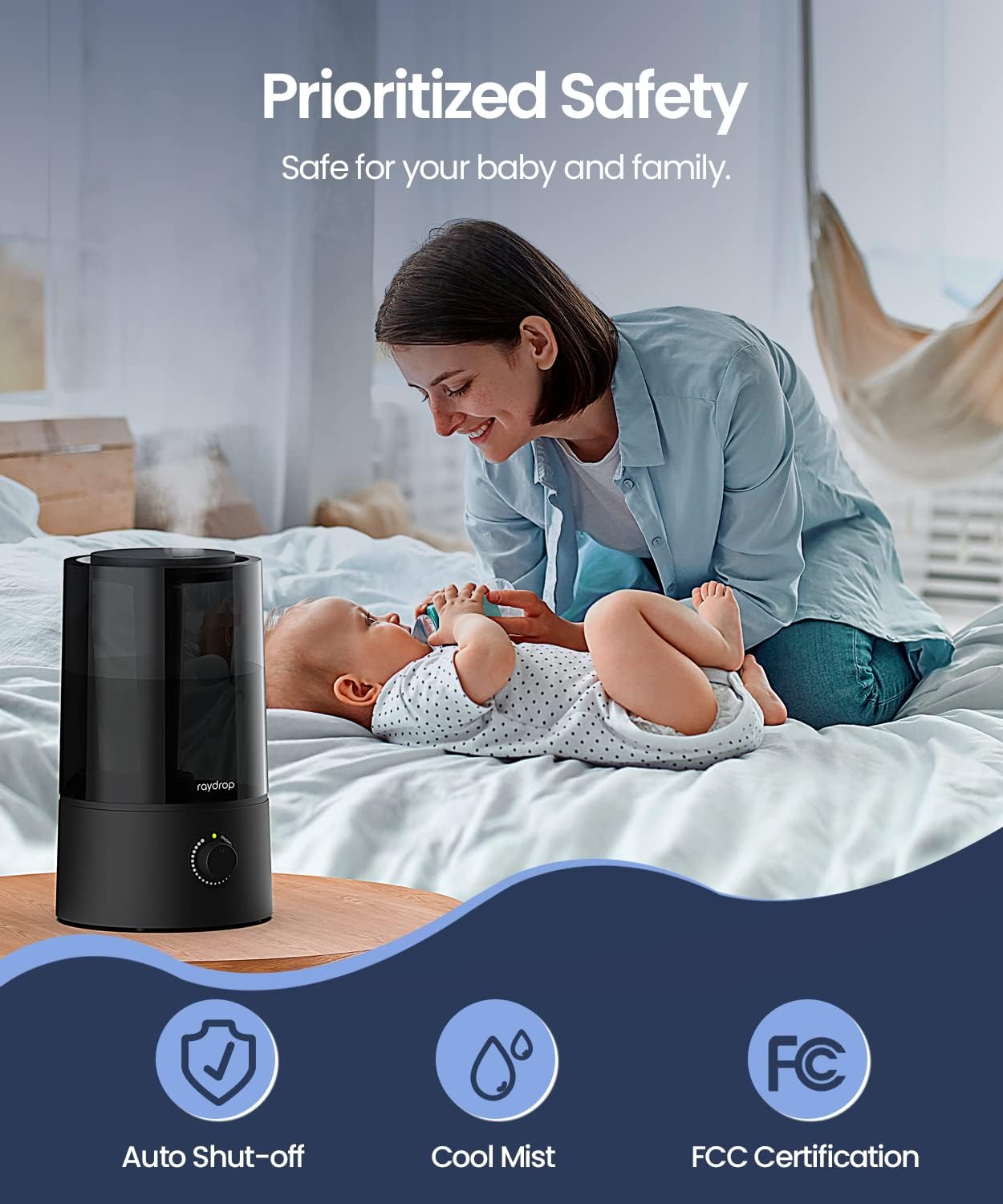 raydrop Humidificadores para dormitorio, humidificadores para el hogar y habitación grande, humidificadores de niebla fría para bebés y plantas, nivel de niebla ajustable, apagado automático, negro