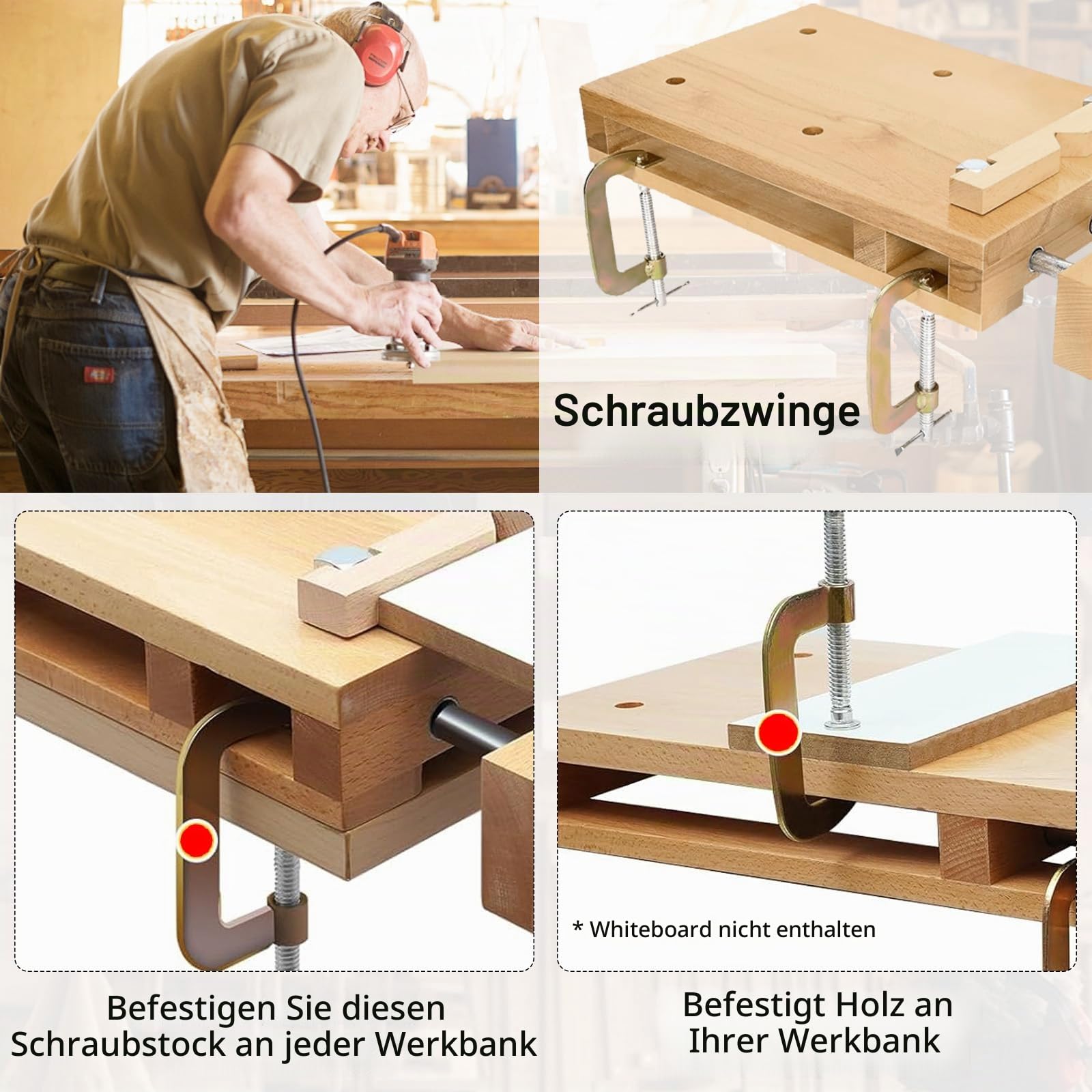 Tragbare Hobelbank, Mobile Werkbank 53x28x7 cm, Mini Werkbank aus Buchenholz Mobil Holz Schraubstock Workbench Arbeitstisch Werkstatt, Werktisch Holz für Klemmen und Hobeln