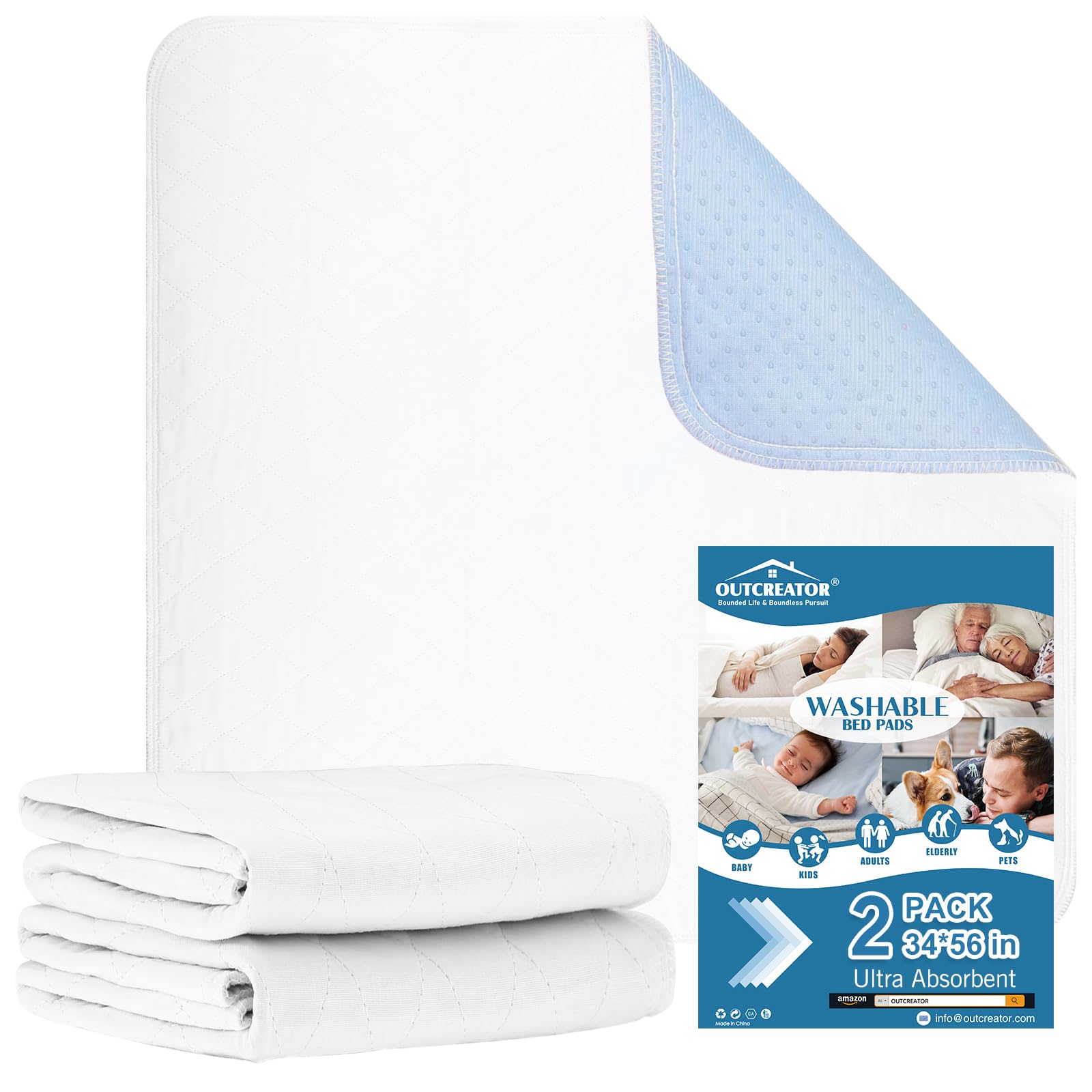OUTCREATOR® 2Pack Bed Pads for Incontinence Mattress Protector Anti-Slip Waterproof Pads (34" x 56") for Toddlers Kids Adults Pets Pee Pads and Machine Washable Absorbency and Leak Proof Edge (White)
