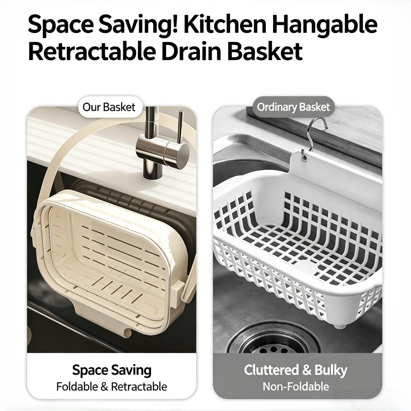 Cesta de drenaje plegable para fregadero, colador de cocina elástico con tapa abatible, colador multifuncional para frutas y verduras, filtro de residuos extraíble mejorado que ahorra espacio (blanco