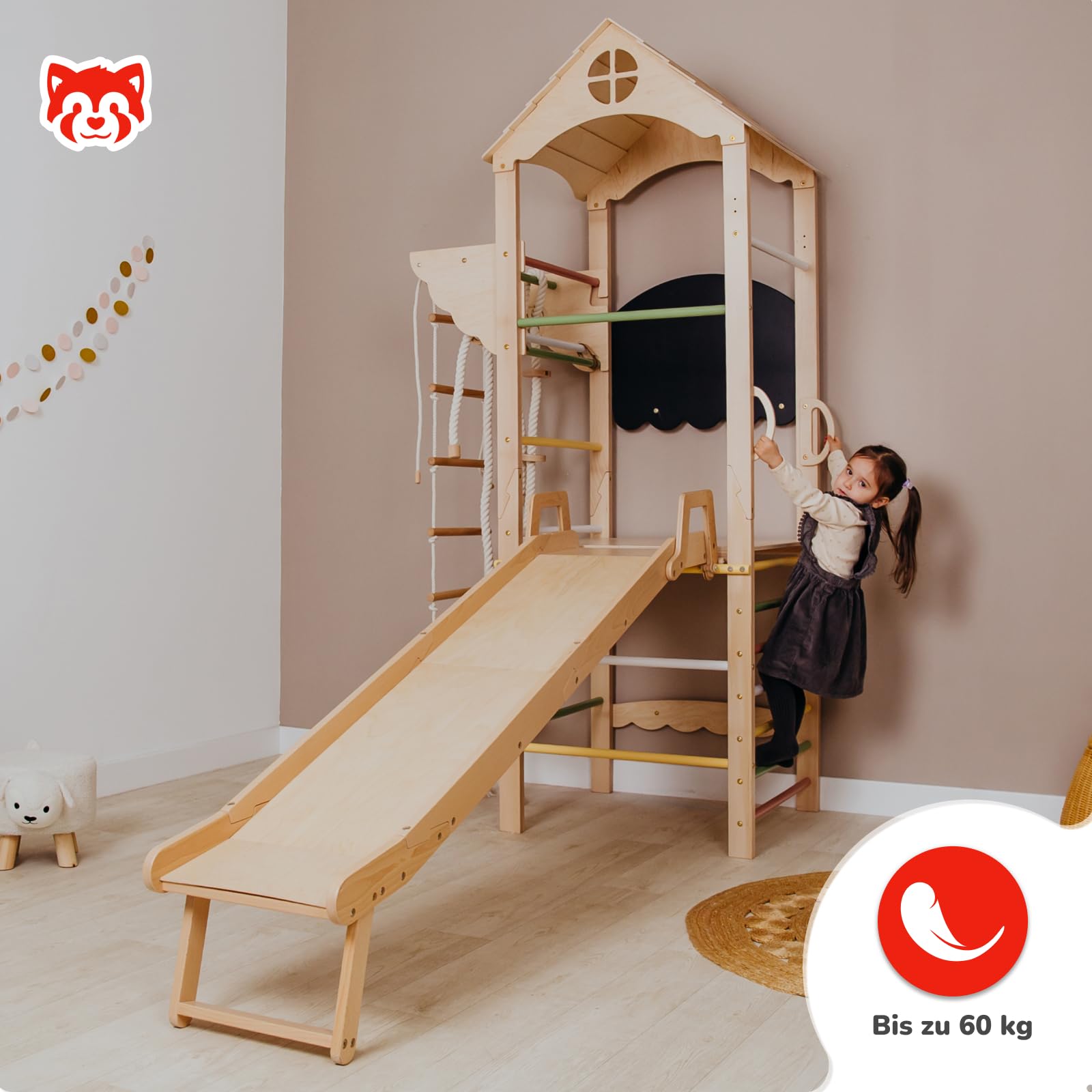 Wood And Hearts Indoor Klettergerüst aus Holz – Kinder Jungle Gym für Zuhause 3–8 Jahre, Mini Kletterturm, Kinderturngerät