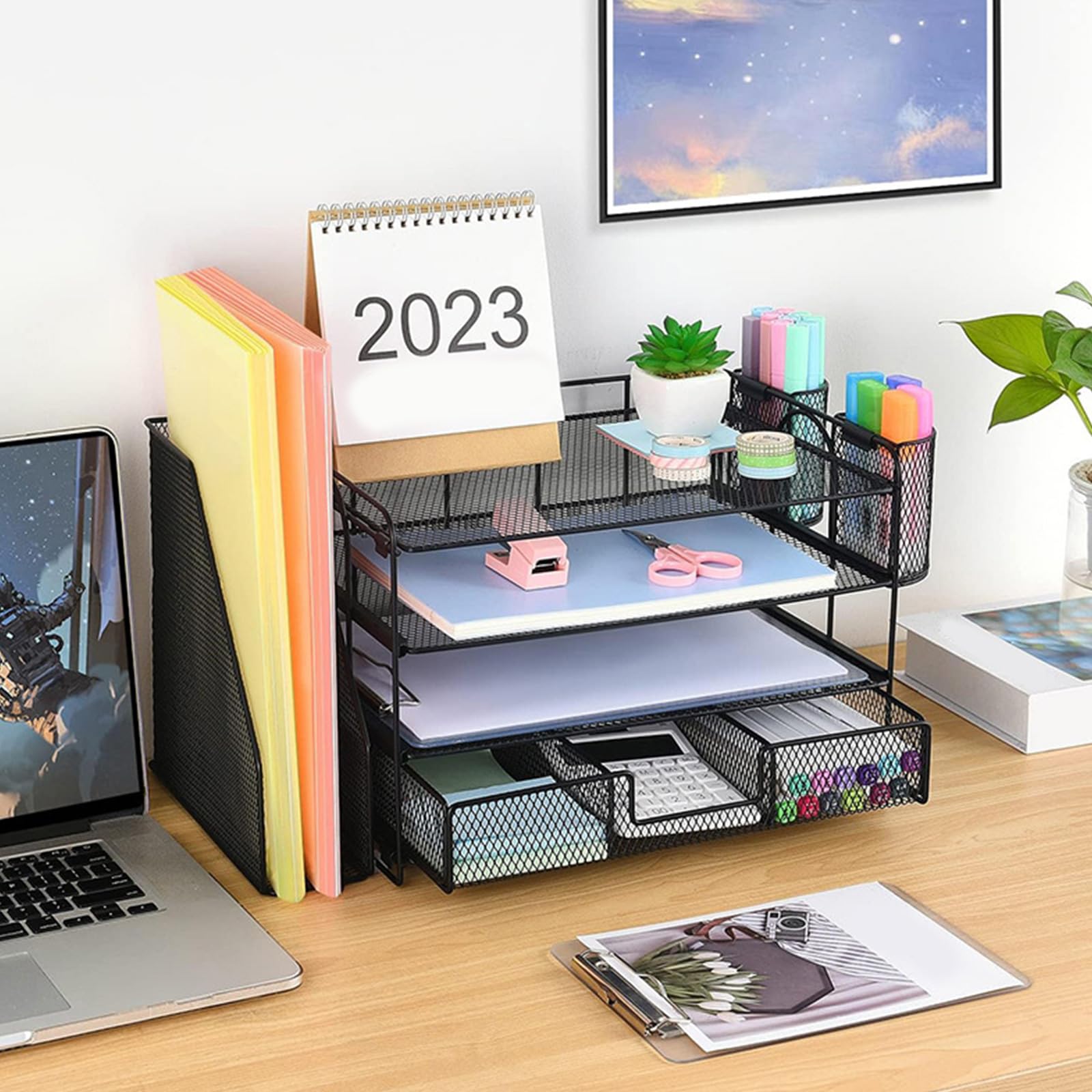 Briefablage Aus Metall, 4 Ebenen | Mit Stiftebecher & Schublade | Schreibtisch-Organizer