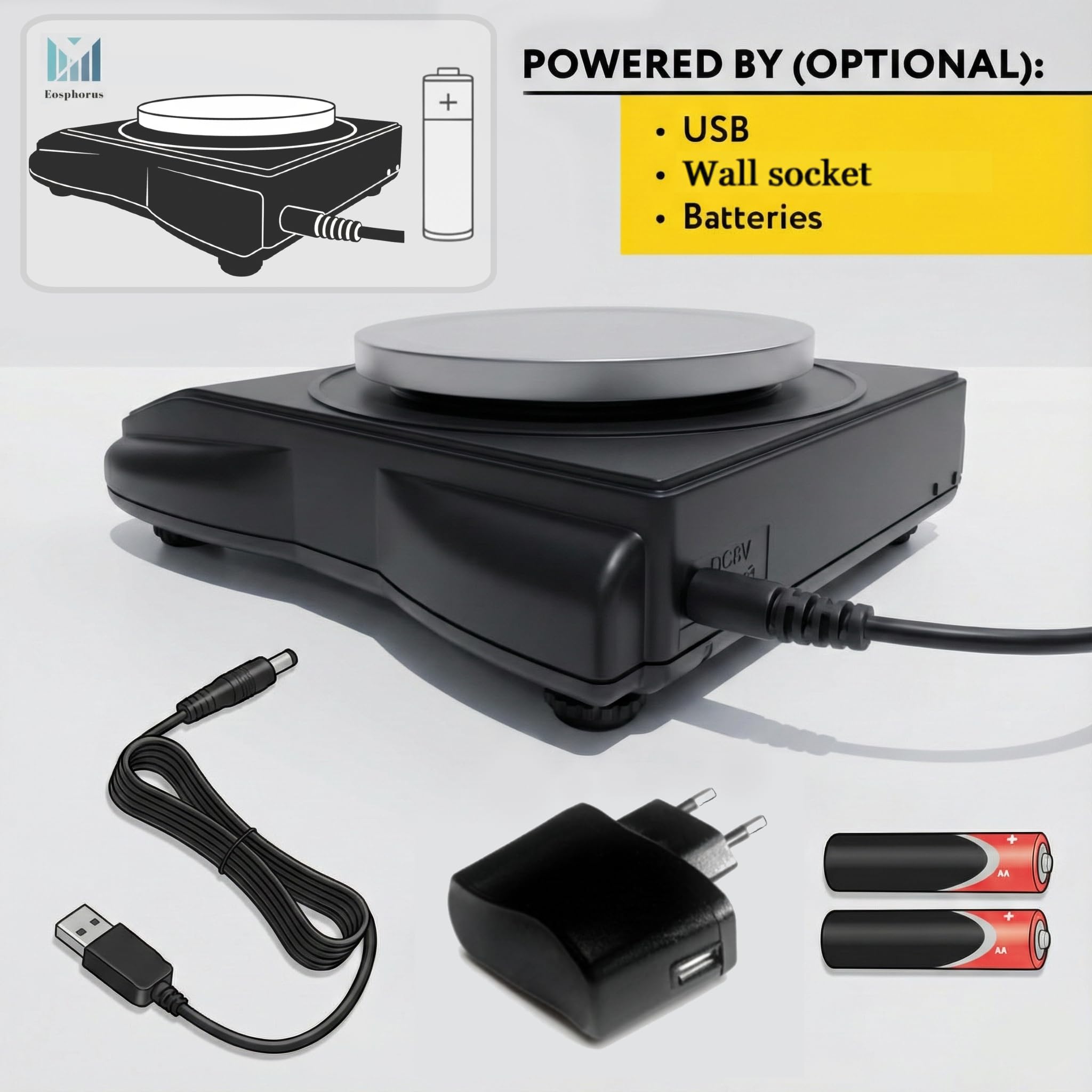 Eosphorus Bilancia di Precisione 600g/0,01g con Piatto Rotondo, Bilancia Digitale per Laboratorio, Scuole e Chimica, Funzione Conteggio, Unità g/oz/ct, Ricarica USB e Adattatore