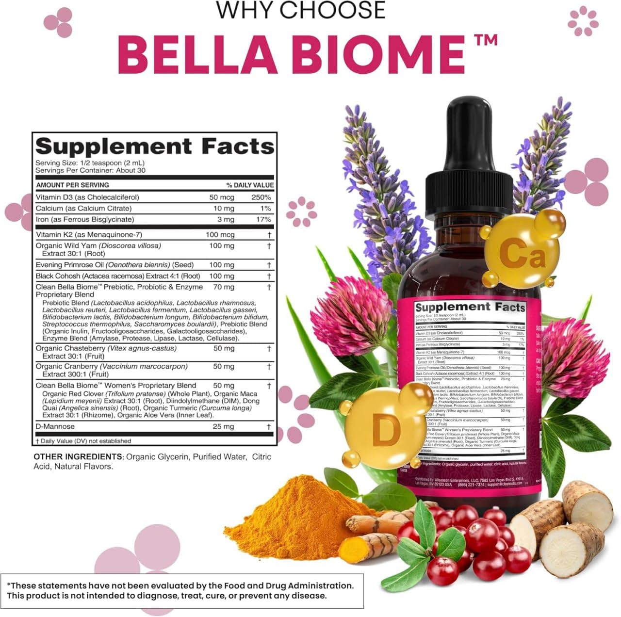 Liquid Probiotics for Women Drops with Chasteberry, Black Cohosh, Prebiotics, Digestive Enzymes, Evening Primrose Oil, Wild Yam, Cranberry Dmannose and Iron Vitamin D3 K2 Clean Nutra Bella Biotics — Amazon image 4