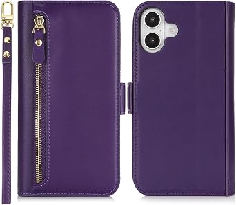 for iPhone 16 Phone Case with Card Holder for Women Men,Phone Case Wallet for iPhone 16 with Wrist Strap,PU Leather Zipper Pocket Credit Card Slots Flip Cover,Purple