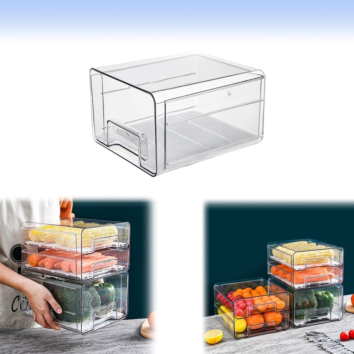 Mofish Fridge Drawer Organizer, Refrigerator Organizer Bins, Pull Out with Handle, Fridge Shelf Holder Storage Box, Clear Container for Food Drinks Eggs Fruit (One tiers with Drain Plate)